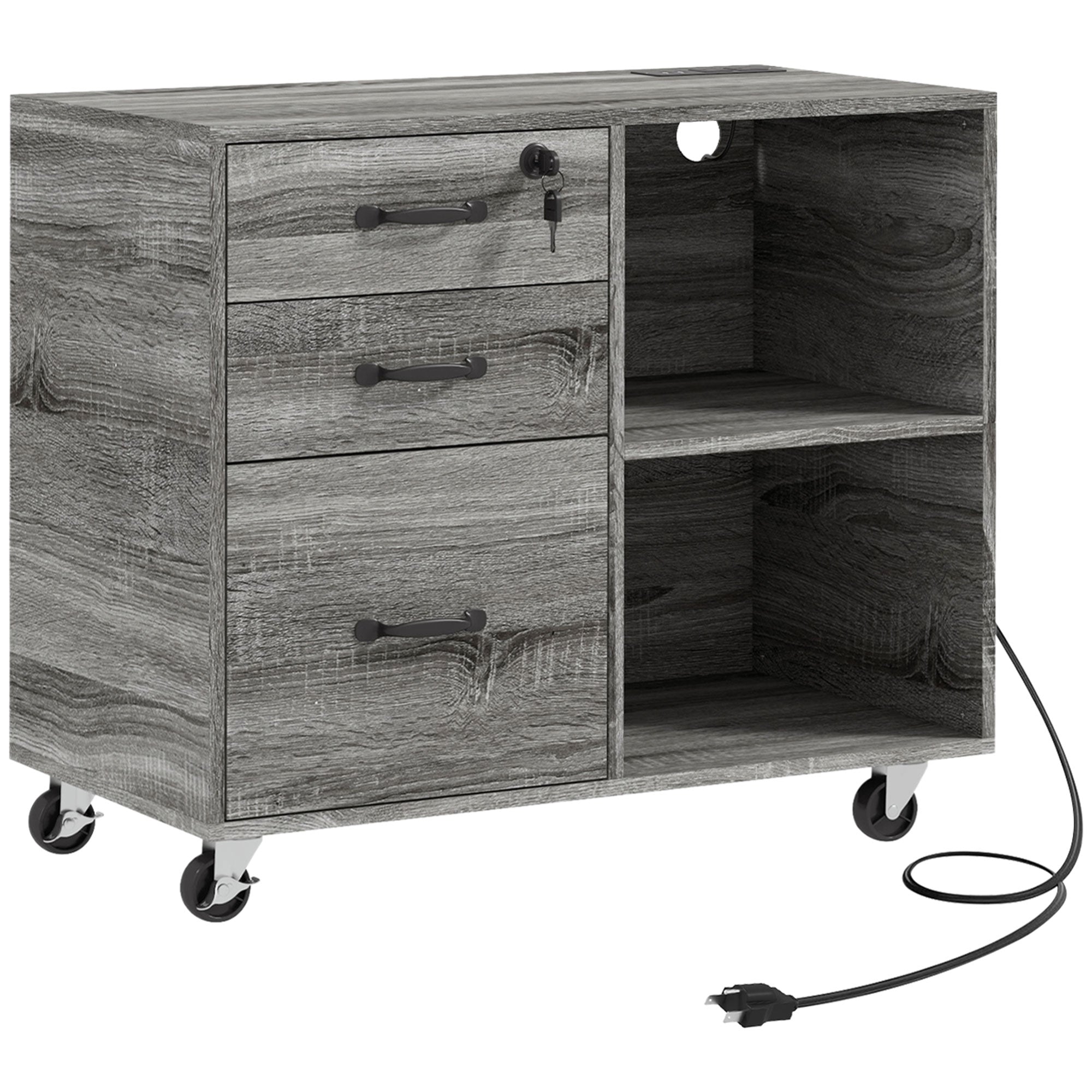 Mobile Printer Stand with Charging Station & File Cabinet - Grey-Office Products > Office Furniture > Office Cabinets & Cupboards-DECOROLALA