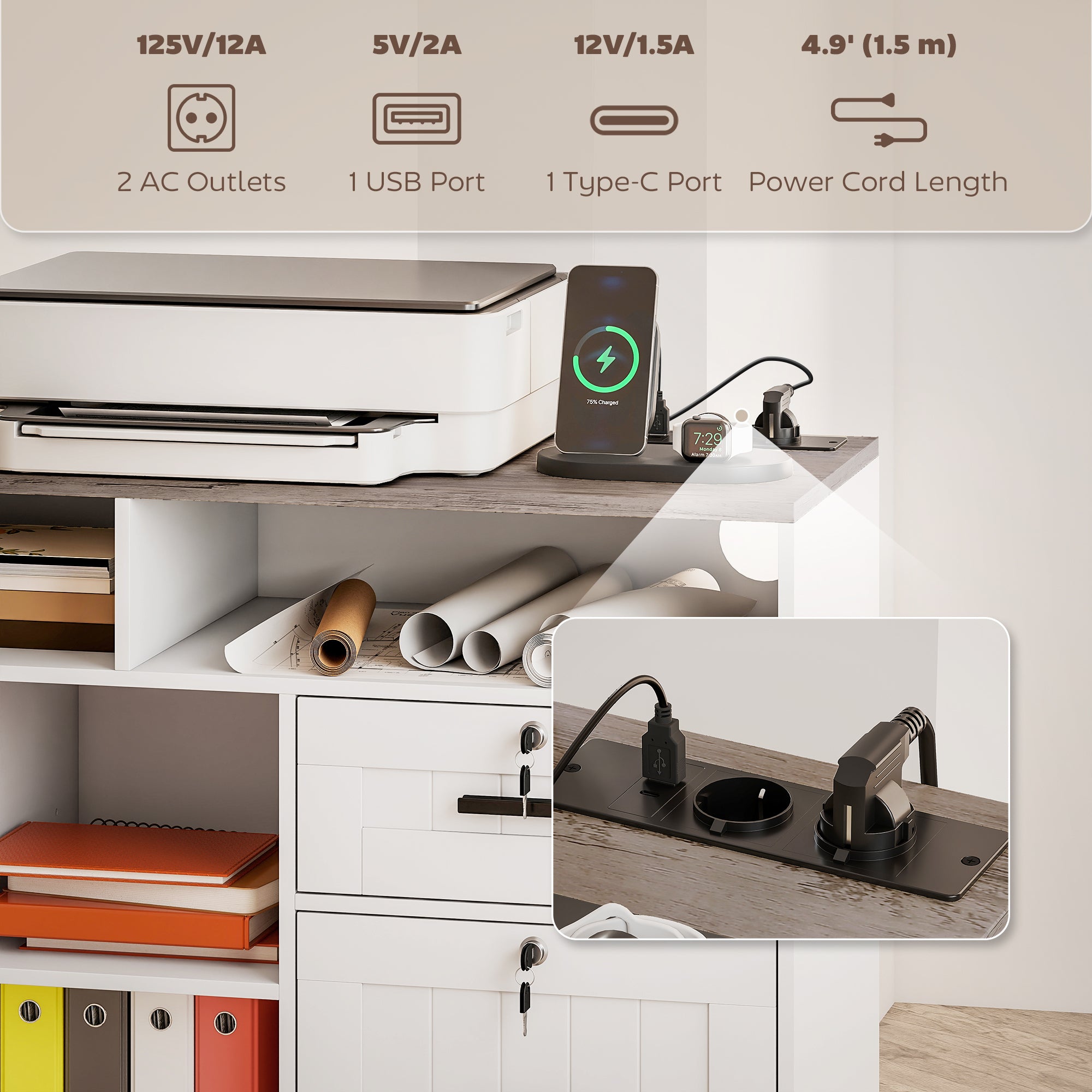 Mobile Printer Stand with Charging Station & Locking Cabinet-DECOROLALA