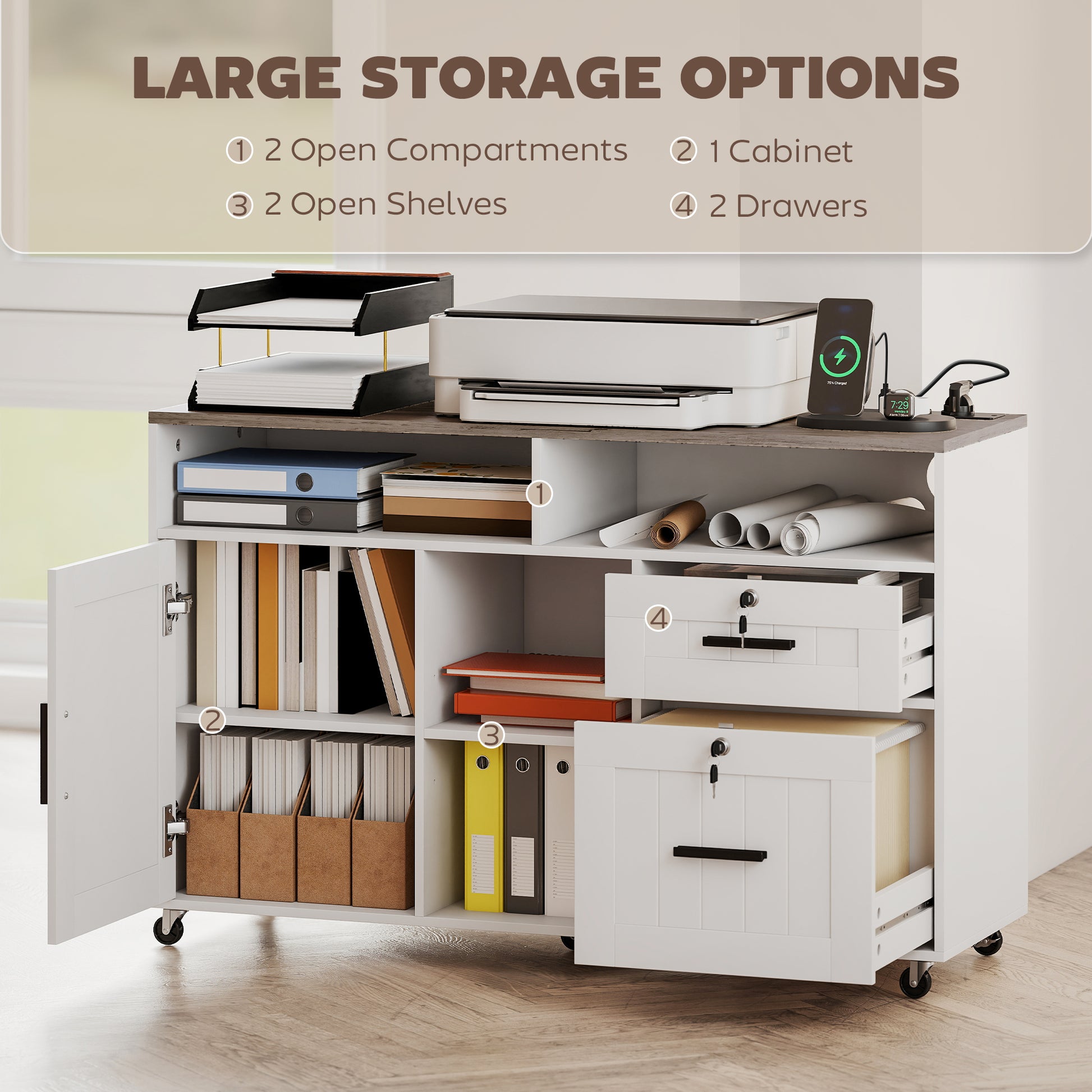 Mobile Printer Stand with Charging Station & Locking Cabinet-DECOROLALA
