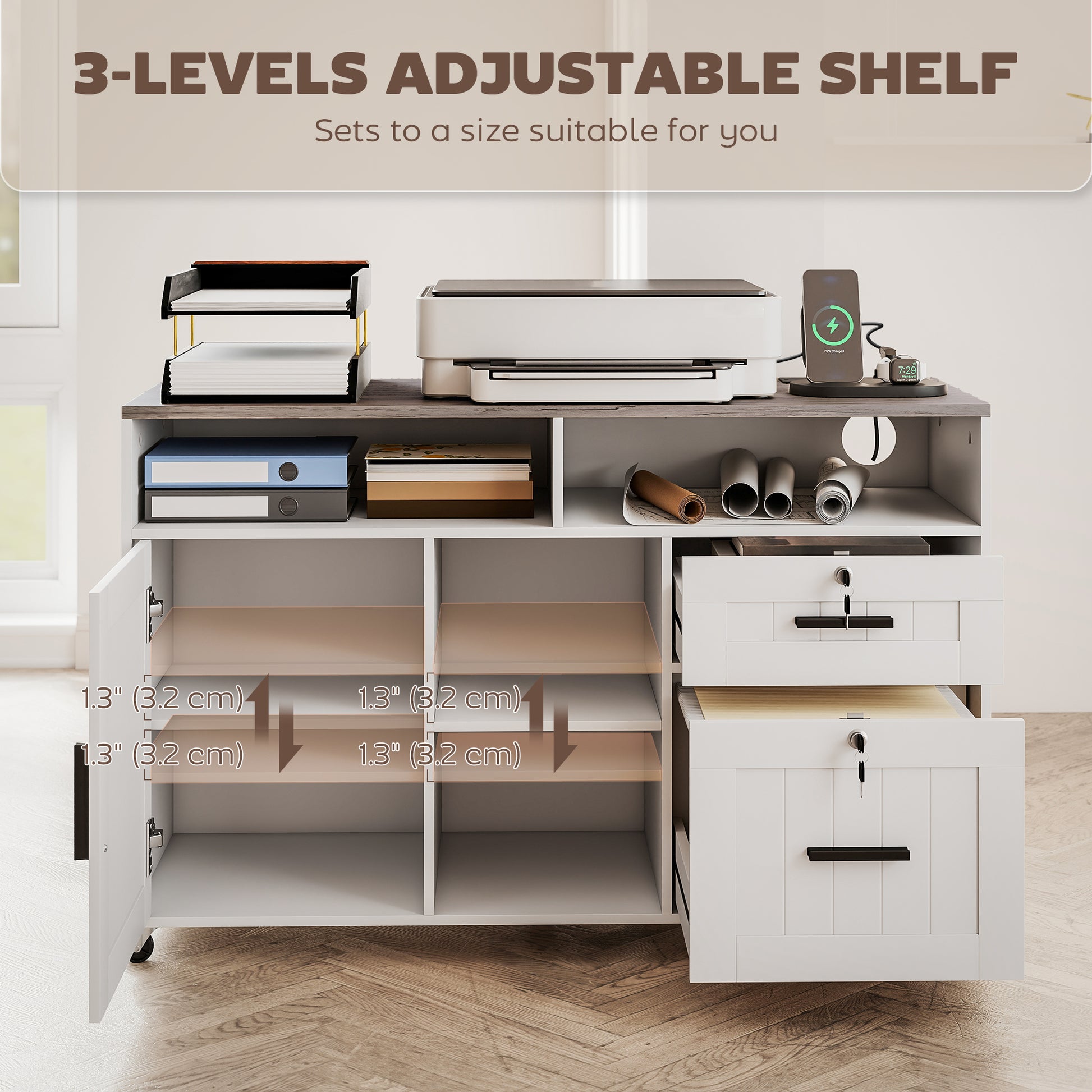 Mobile Printer Stand with Charging Station & Locking Cabinet-DECOROLALA