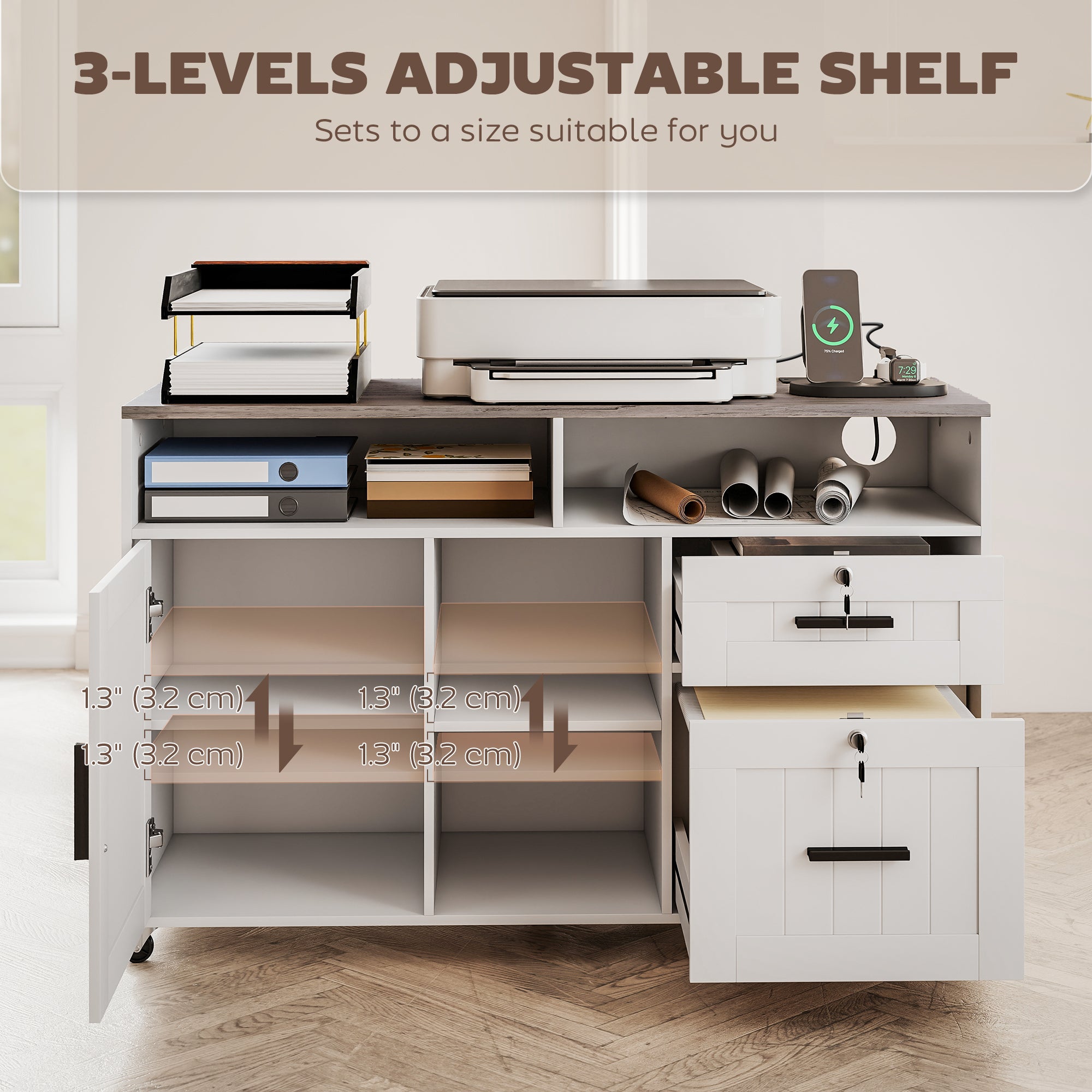 Mobile Printer Stand with Charging Station & Locking Cabinet-DECOROLALA