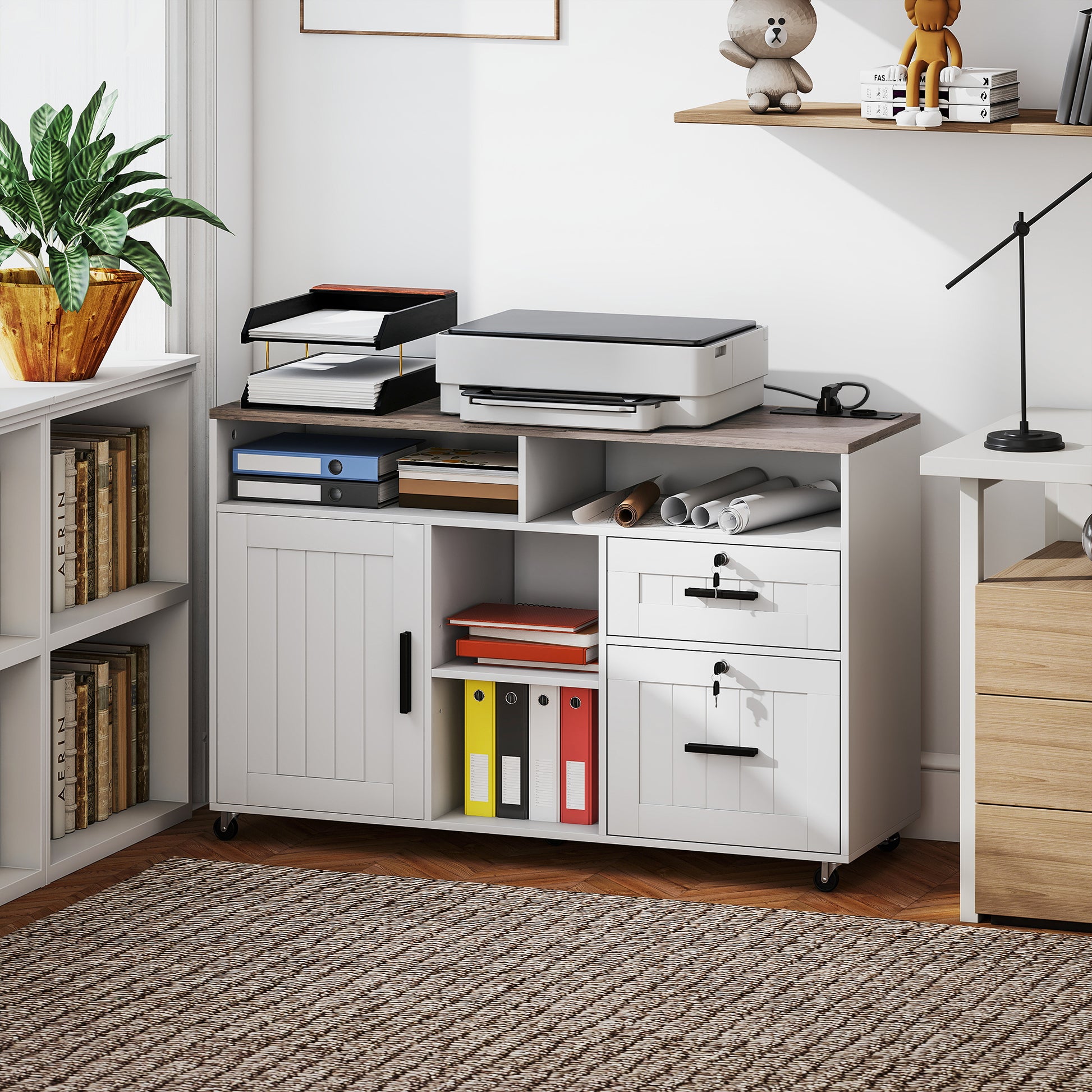 Mobile Printer Stand with Charging Station & Locking Cabinet-DECOROLALA