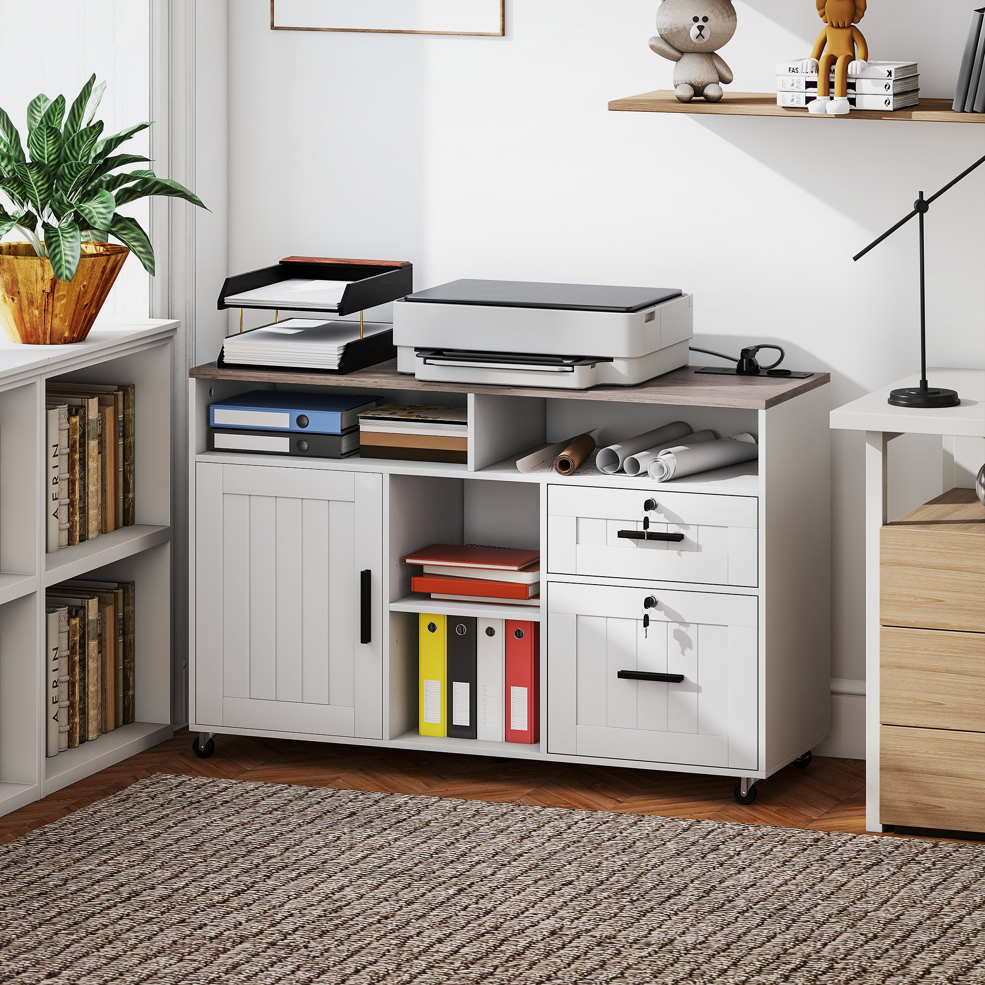 Mobile Printer Stand with Charging Station & Locking Cabinet-DECOROLALA