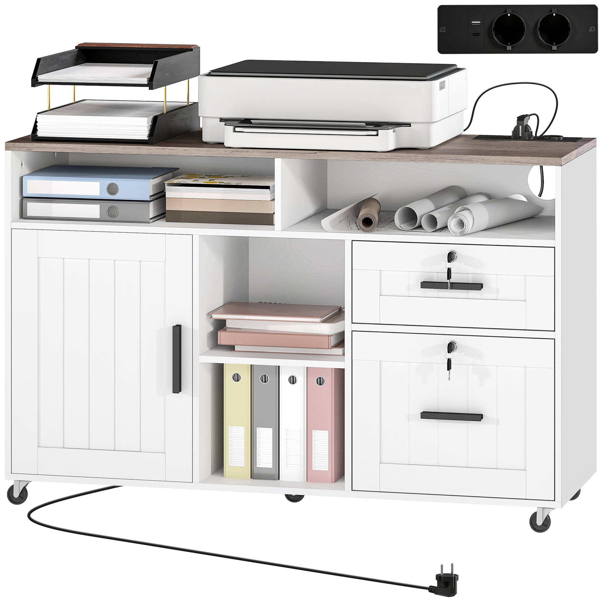 Mobile Printer Stand with Charging Station & Locking Cabinet-DECOROLALA