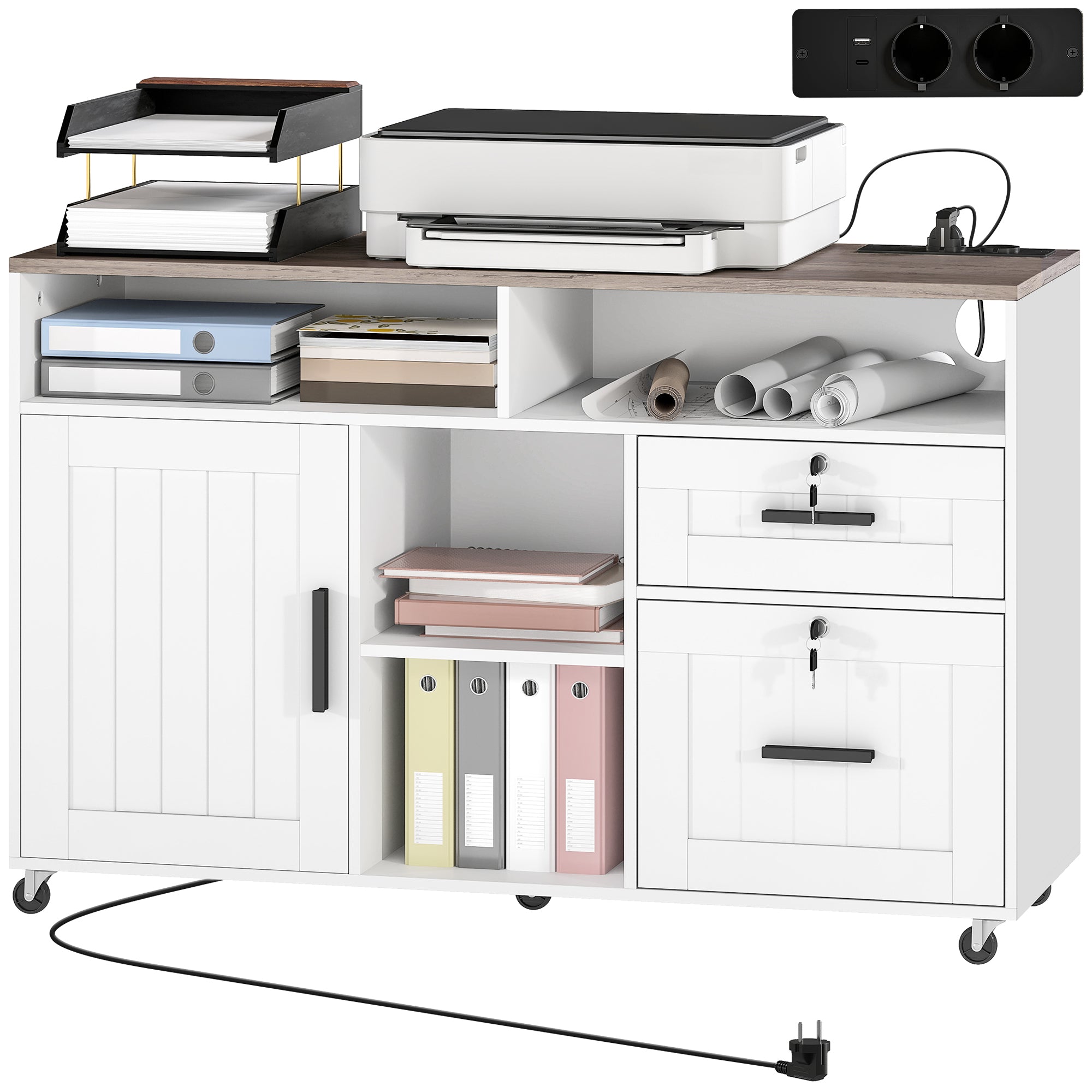 Mobile Printer Stand with Charging Station & Locking Cabinet-DECOROLALA