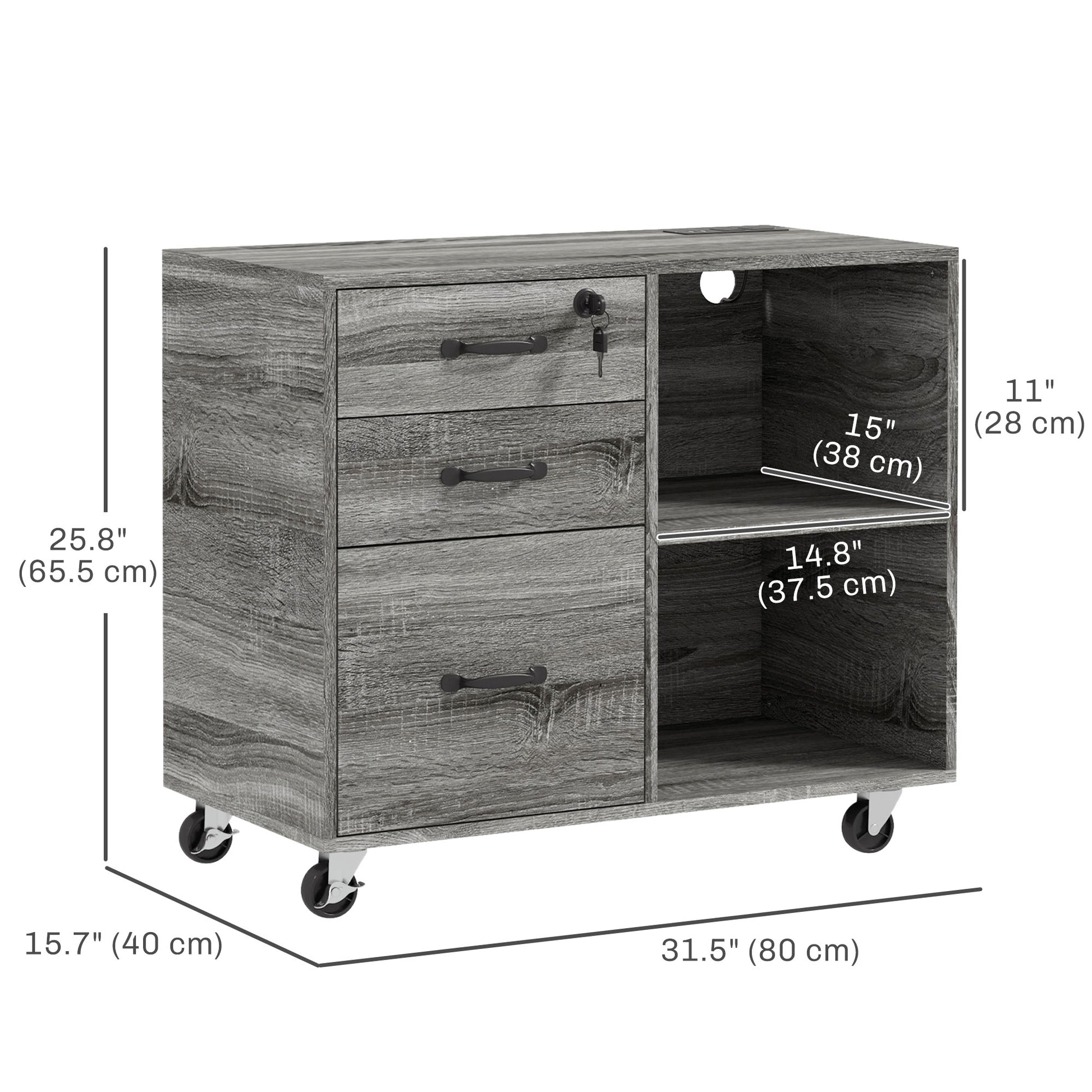 Mobile Printer Stand with Charging Station USB Ports Locking Filing Cabinet for A4 Letter Size Grey-Office Products > Office Furniture > Office Cabinets & Cupboards-DECOROLALA
