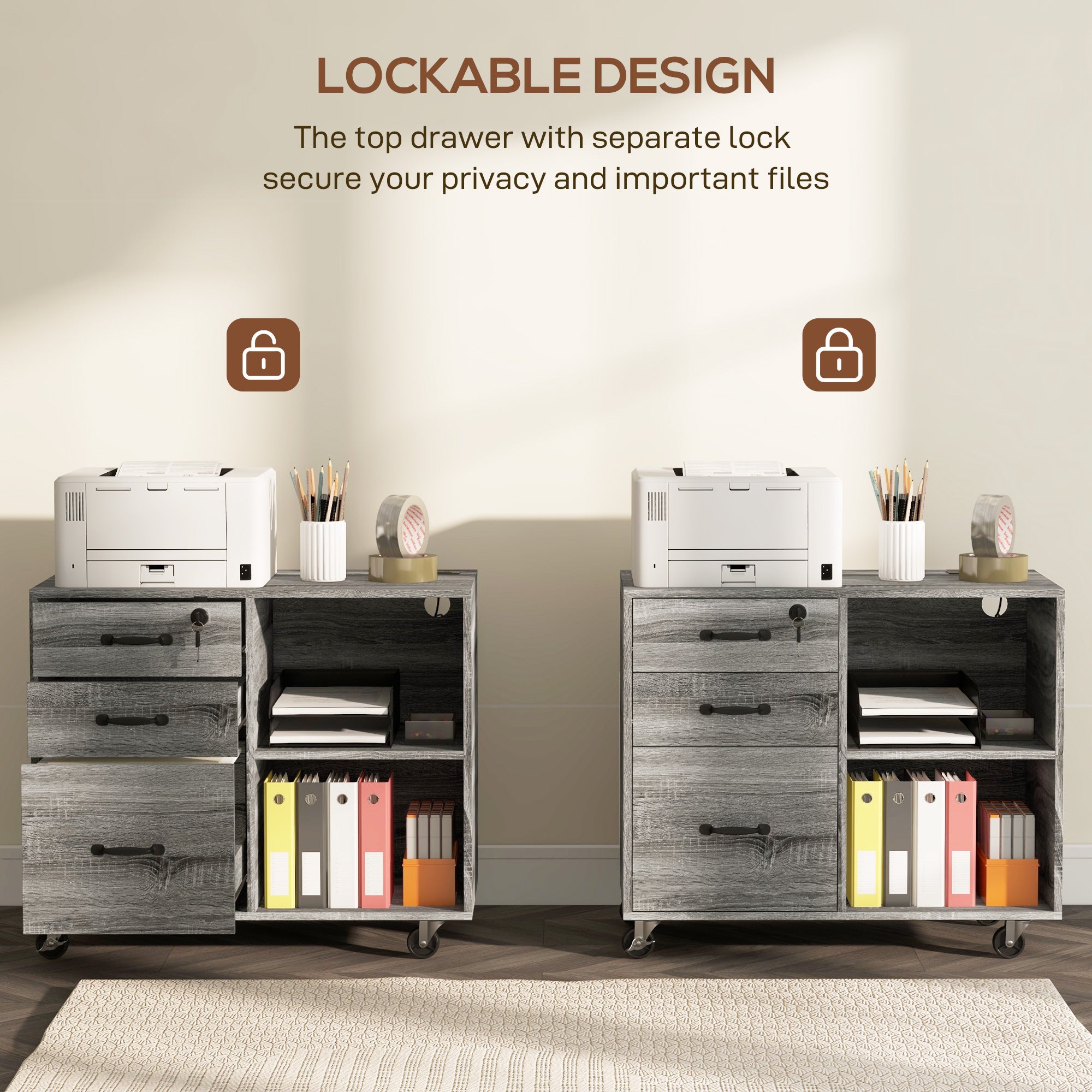 Mobile Printer Stand with Charging Station USB Ports Locking Filing Cabinet for A4 Letter Size Grey-Office Products > Office Furniture > Office Cabinets & Cupboards-DECOROLALA
