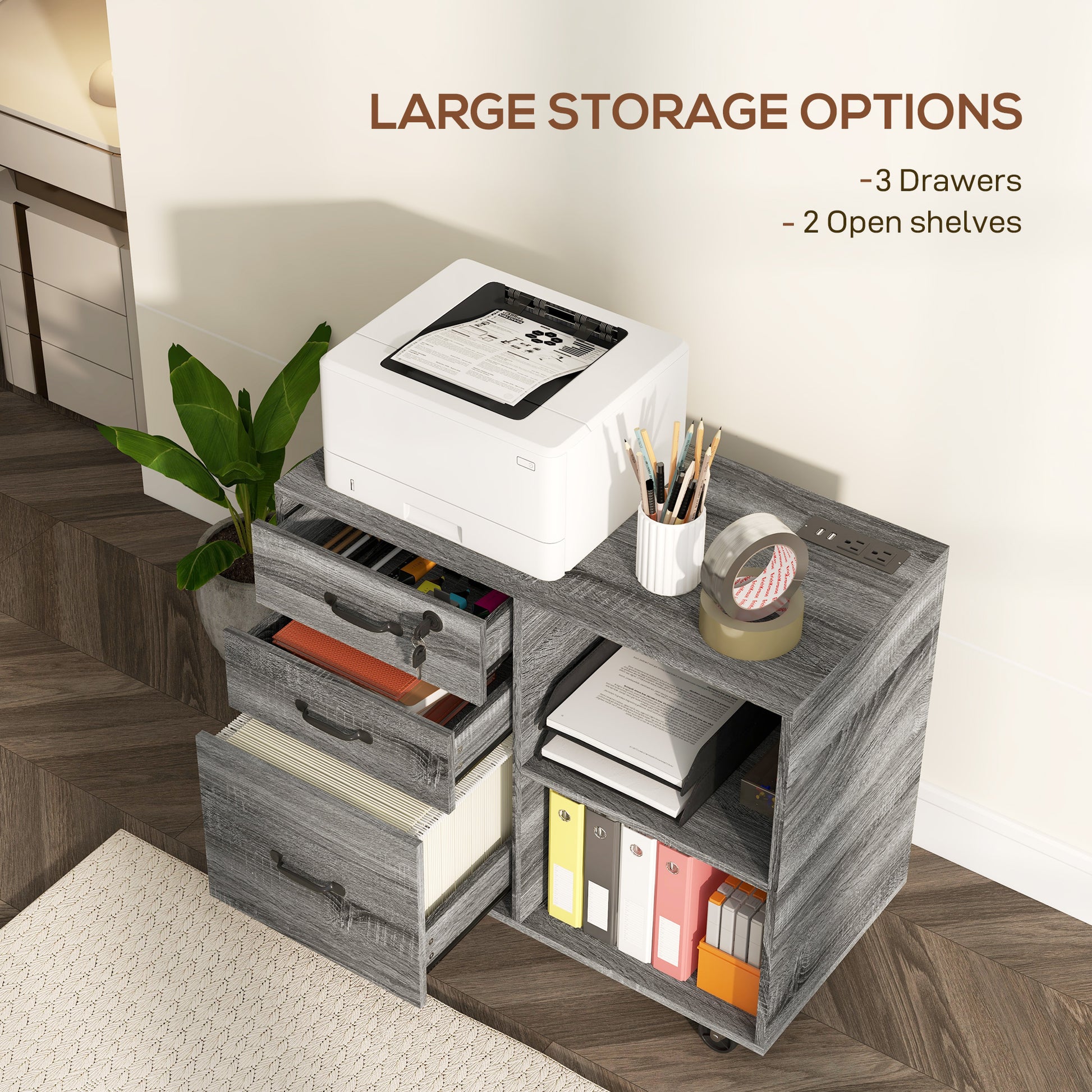 Mobile Printer Stand with Charging Station USB Ports Locking Filing Cabinet for A4 Letter Size Grey-Office Products > Office Furniture > Office Cabinets & Cupboards-DECOROLALA