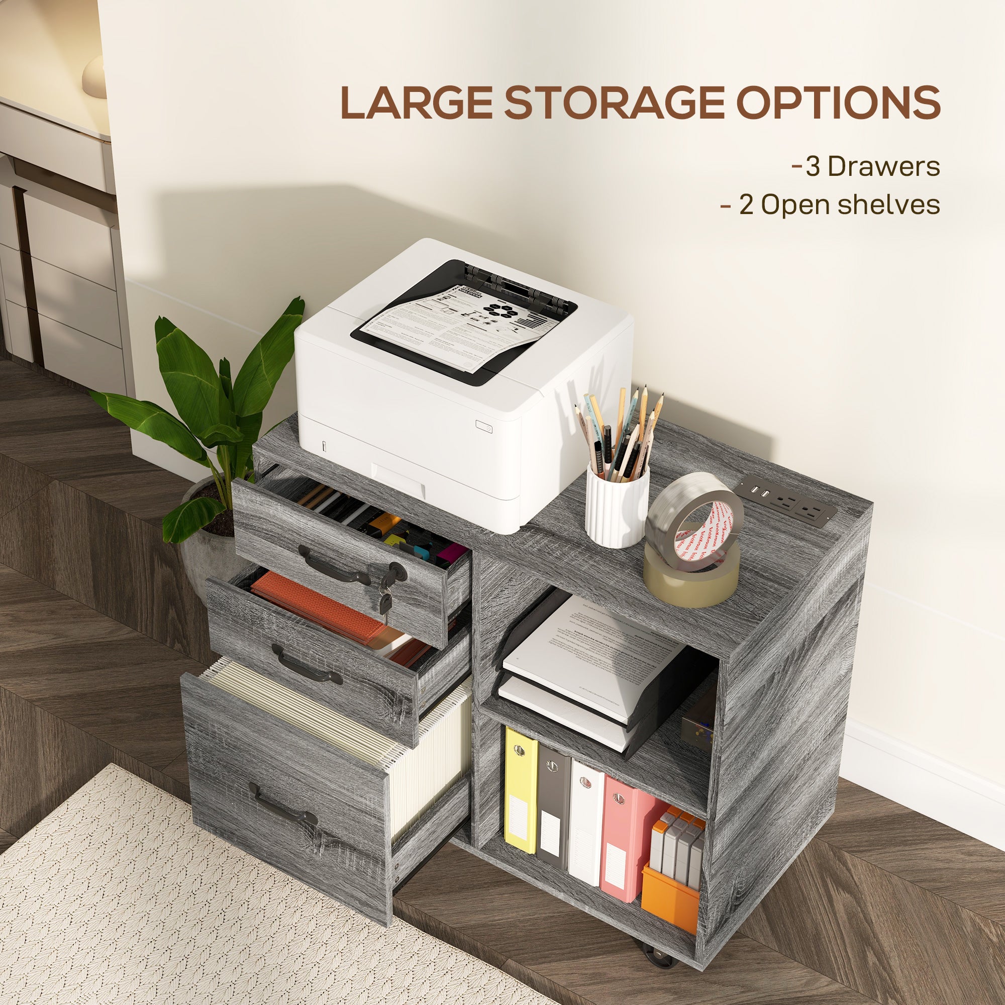 Mobile Printer Stand with Charging Station USB Ports Locking Filing Cabinet for A4 Letter Size Grey-Office Products > Office Furniture > Office Cabinets & Cupboards-DECOROLALA