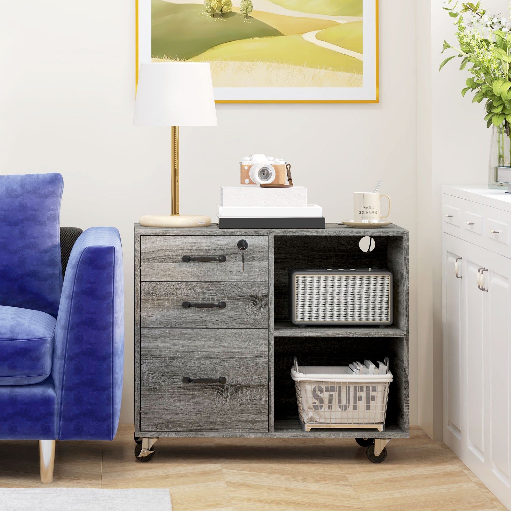 Mobile Printer Stand with Charging Station USB Ports Locking Filing Cabinet for A4 Letter Size Grey-Office Products > Office Furniture > Office Cabinets & Cupboards-DECOROLALA