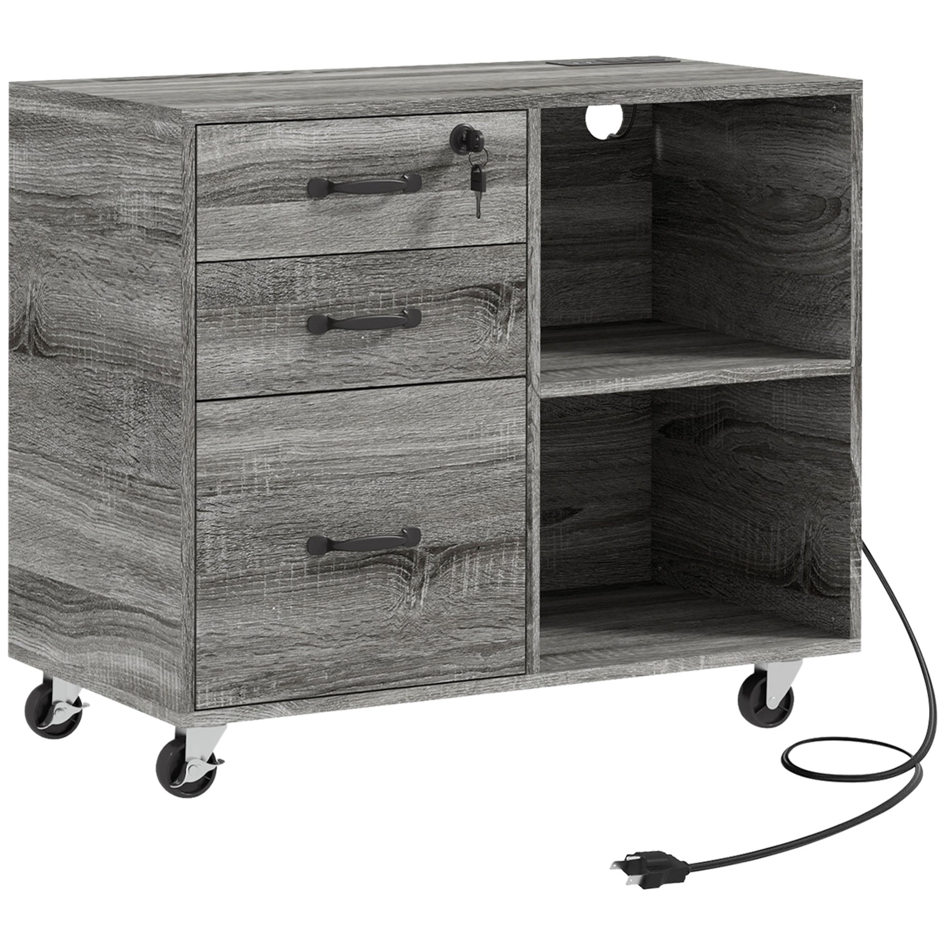 Mobile Printer Stand with Charging Station USB Ports Locking Filing Cabinet for A4 Letter Size Grey-Office Products > Office Furniture > Office Cabinets & Cupboards-DECOROLALA