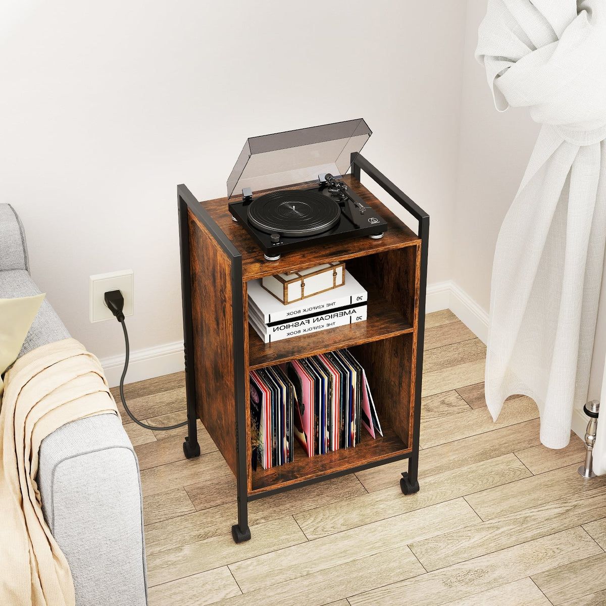 Mobile Record Player Stand with Power Outlet-Rustic Brown-End & Side Tables-DECOROLALA