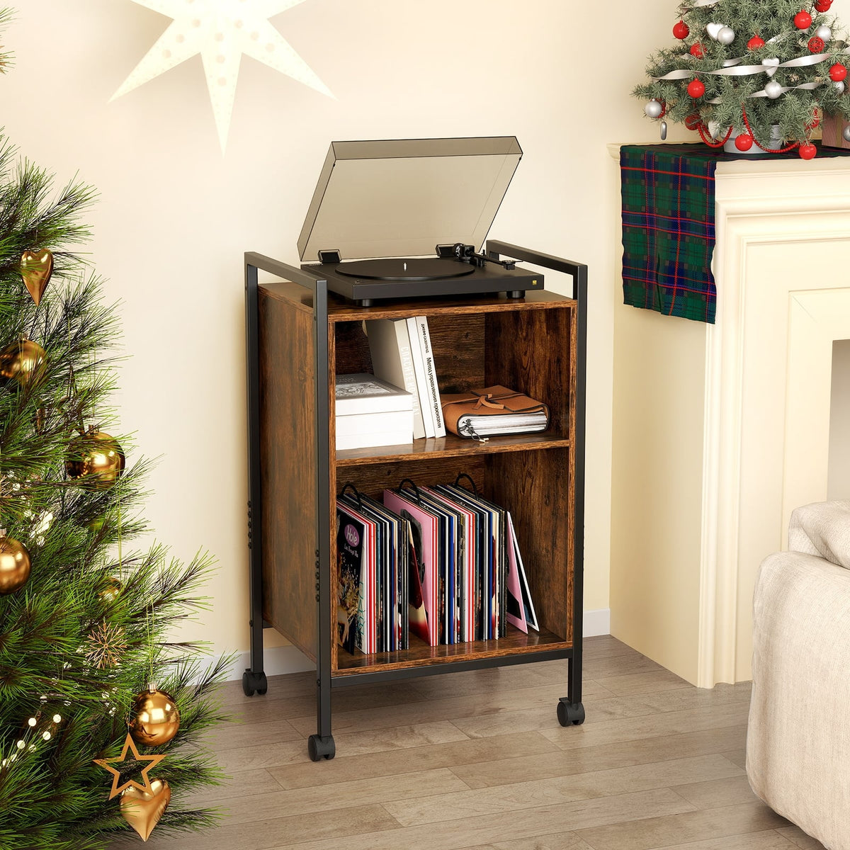 Mobile Record Player Stand with Power Outlet-Rustic Brown-End & Side Tables-DECOROLALA