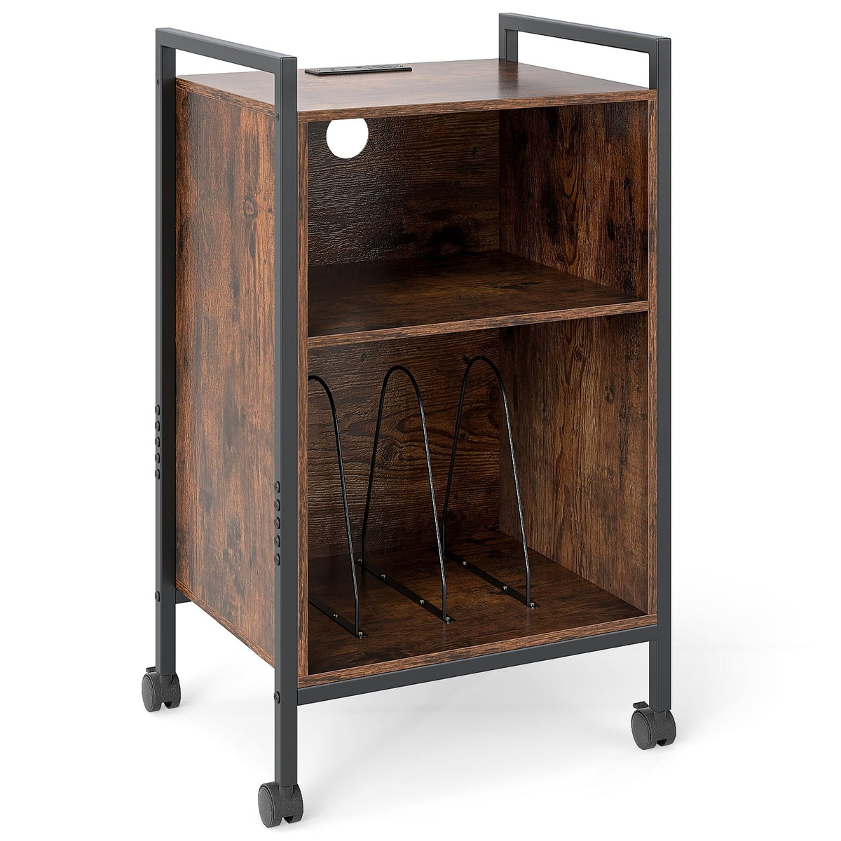 Mobile Record Player Stand with Power Outlet-Rustic Brown-End & Side Tables-DECOROLALA
