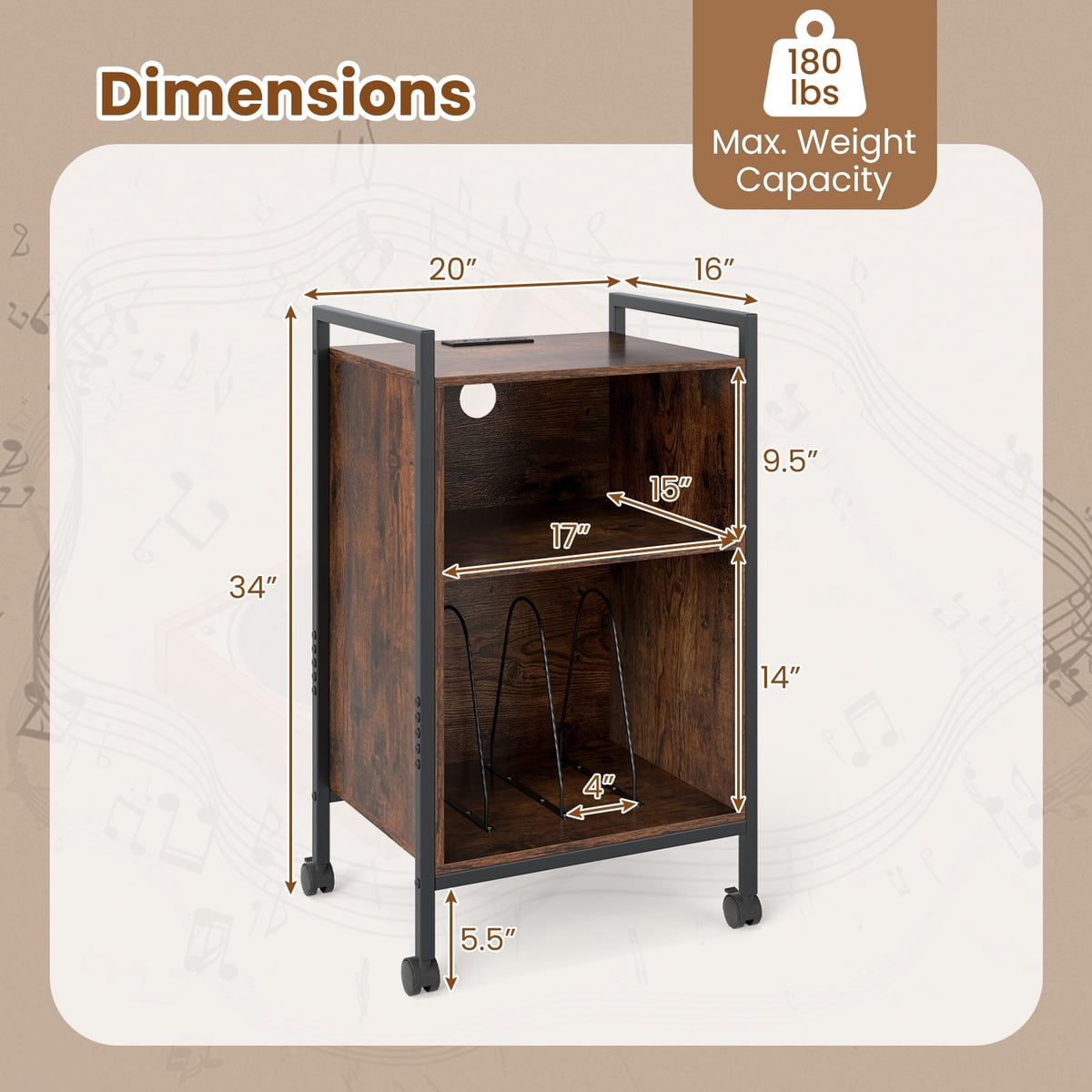 Mobile Record Player Stand with Power Outlet-Rustic Brown-End & Side Tables-DECOROLALA
