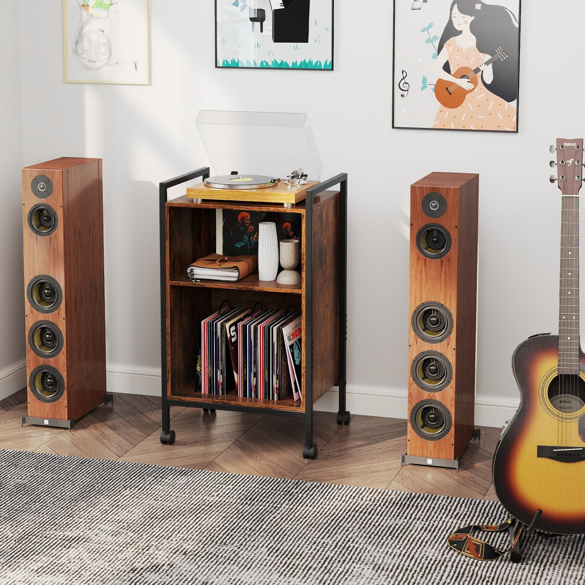 Mobile Record Player Stand with Power Outlet-Rustic Brown-End & Side Tables-DECOROLALA