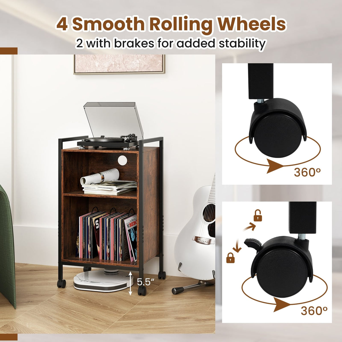 Mobile Record Player Stand with Power Outlet-Rustic Brown-End & Side Tables-DECOROLALA