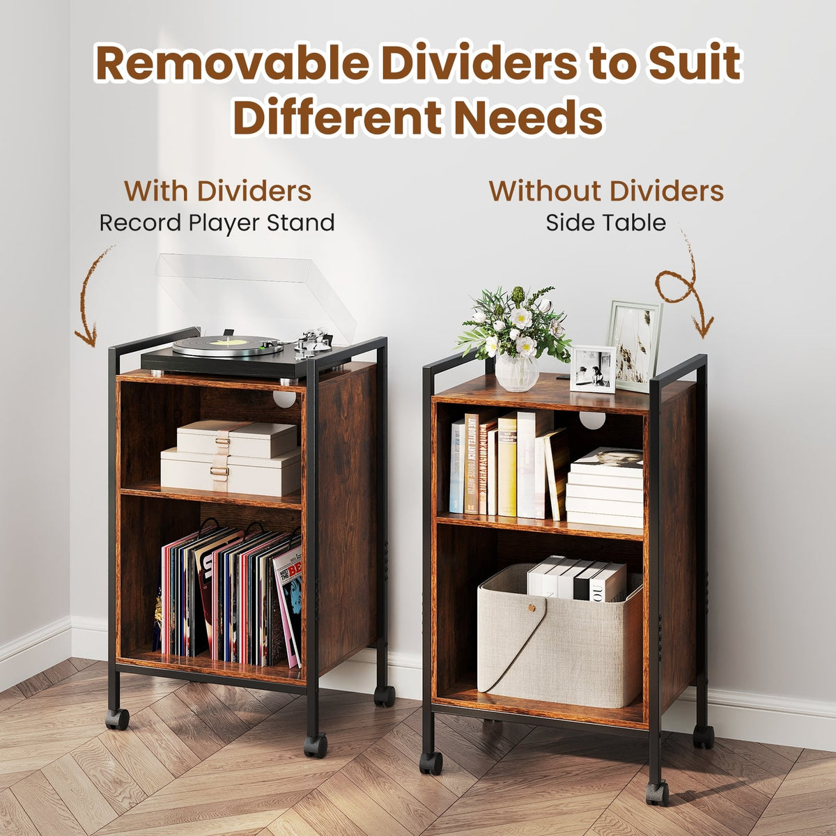 Mobile Record Player Stand with Power Outlet-Rustic Brown-End & Side Tables-DECOROLALA