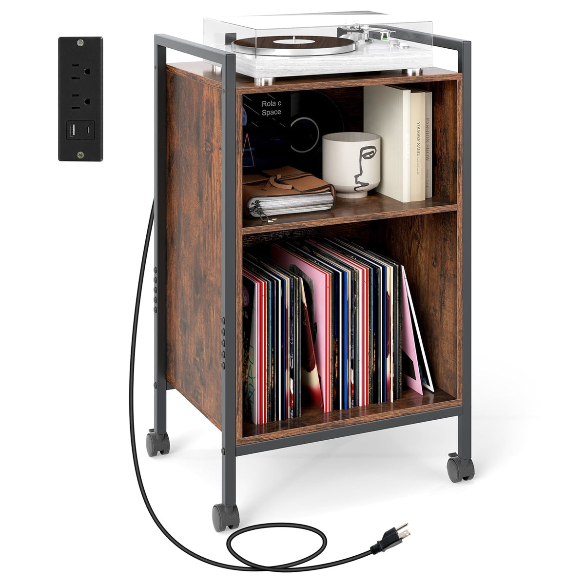 Mobile Record Player Stand with Power Outlet-Rustic Brown-End & Side Tables-DECOROLALA