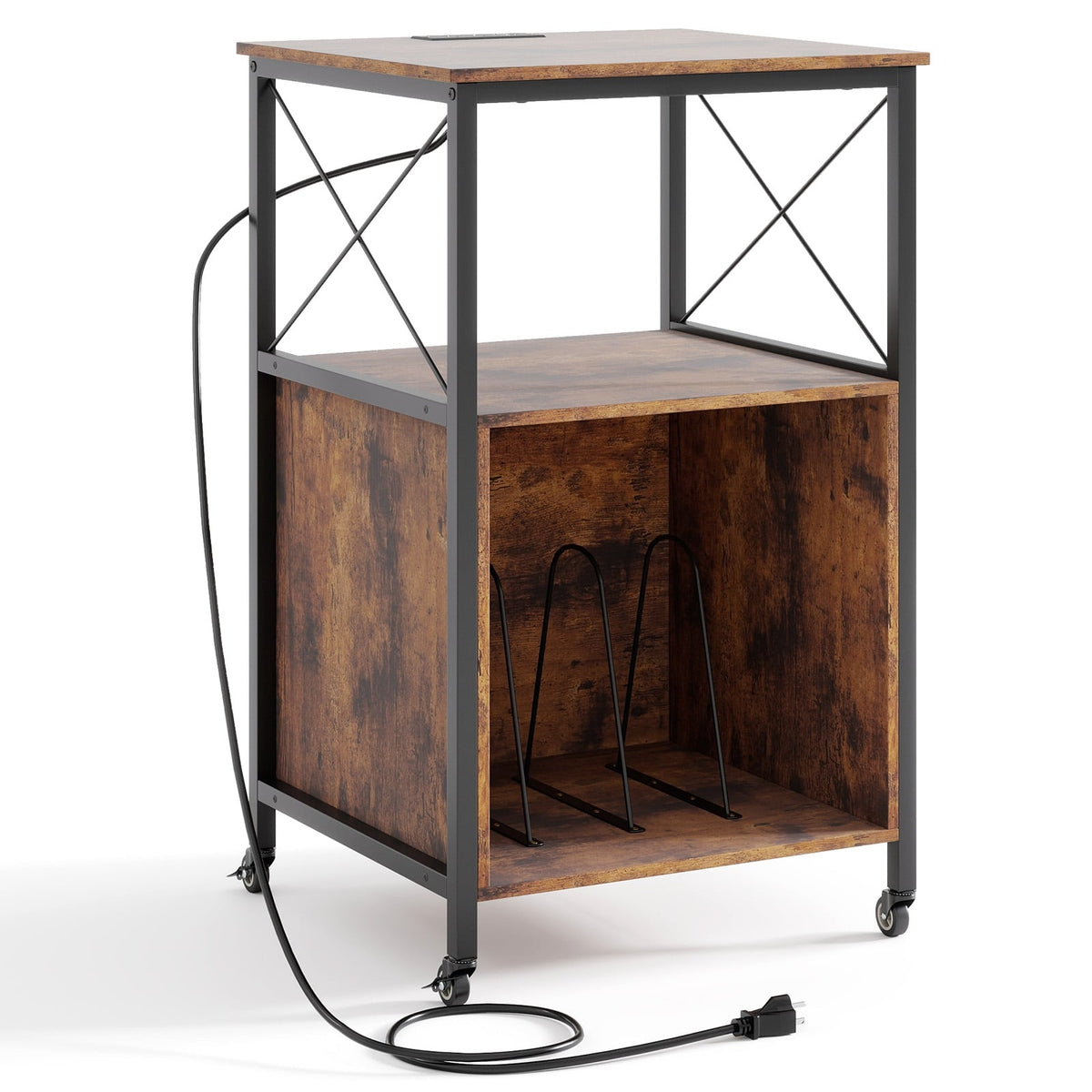 Mobile Record Player Stand with Power Outlet with Open Shelf and Dividers-Rustic Brown-End & Side Tables-DECOROLALA
