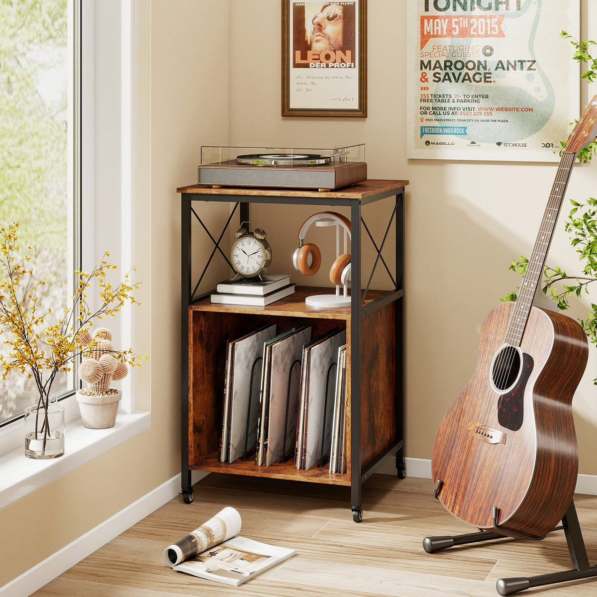 Mobile Record Player Stand with Power Outlet with Open Shelf and Dividers-Rustic Brown-End & Side Tables-DECOROLALA