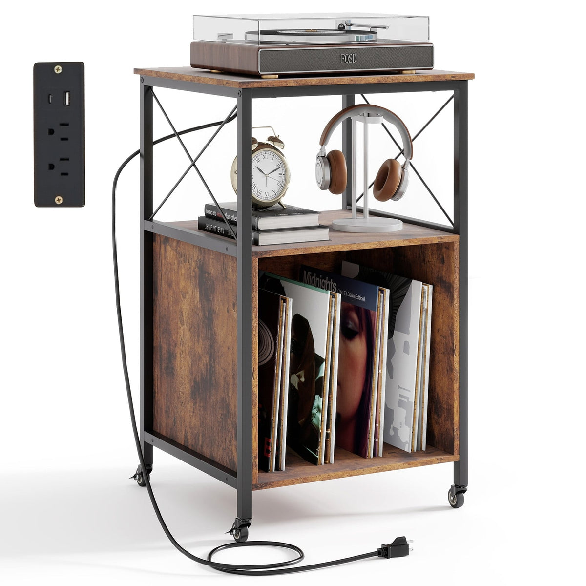 Mobile Record Player Stand with Power Outlet with Open Shelf and Dividers-Rustic Brown-End & Side Tables-DECOROLALA