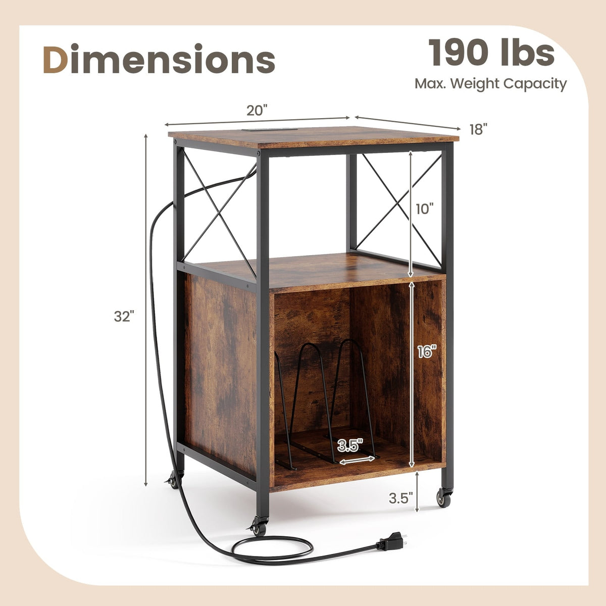 Mobile Record Player Stand with Power Outlet with Open Shelf and Dividers-Rustic Brown-End & Side Tables-DECOROLALA