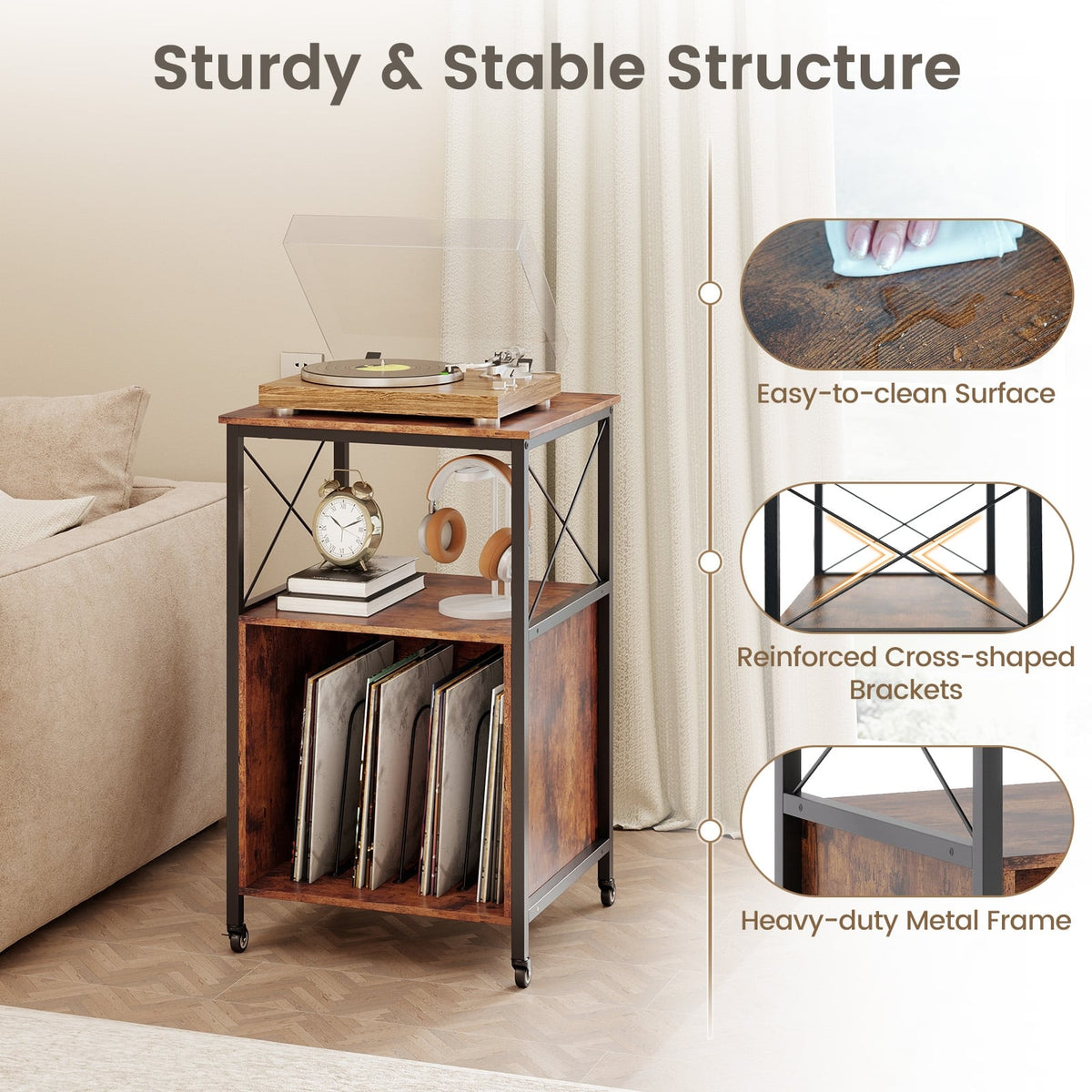 Mobile Record Player Stand with Power Outlet with Open Shelf and Dividers-Rustic Brown-End & Side Tables-DECOROLALA