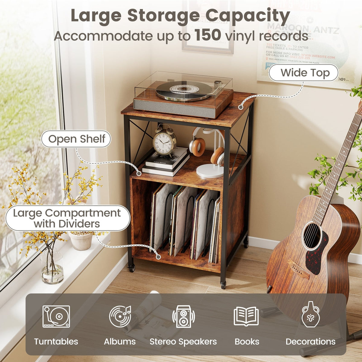 Mobile Record Player Stand with Power Outlet with Open Shelf and Dividers-Rustic Brown-End & Side Tables-DECOROLALA