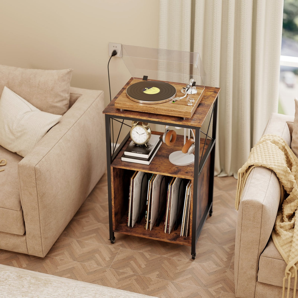 Mobile Record Player Stand with Power Outlet with Open Shelf and Dividers-Rustic Brown-End & Side Tables-DECOROLALA