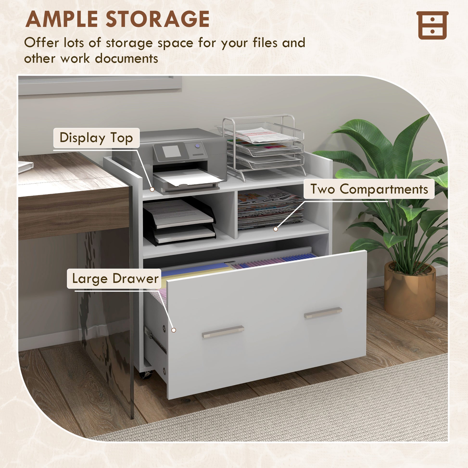 Mobile Rolling File Cabinet with Drawer - White 30"W-Office Products > Office Furniture > Office Cabinets & Cupboards-DECOROLALA