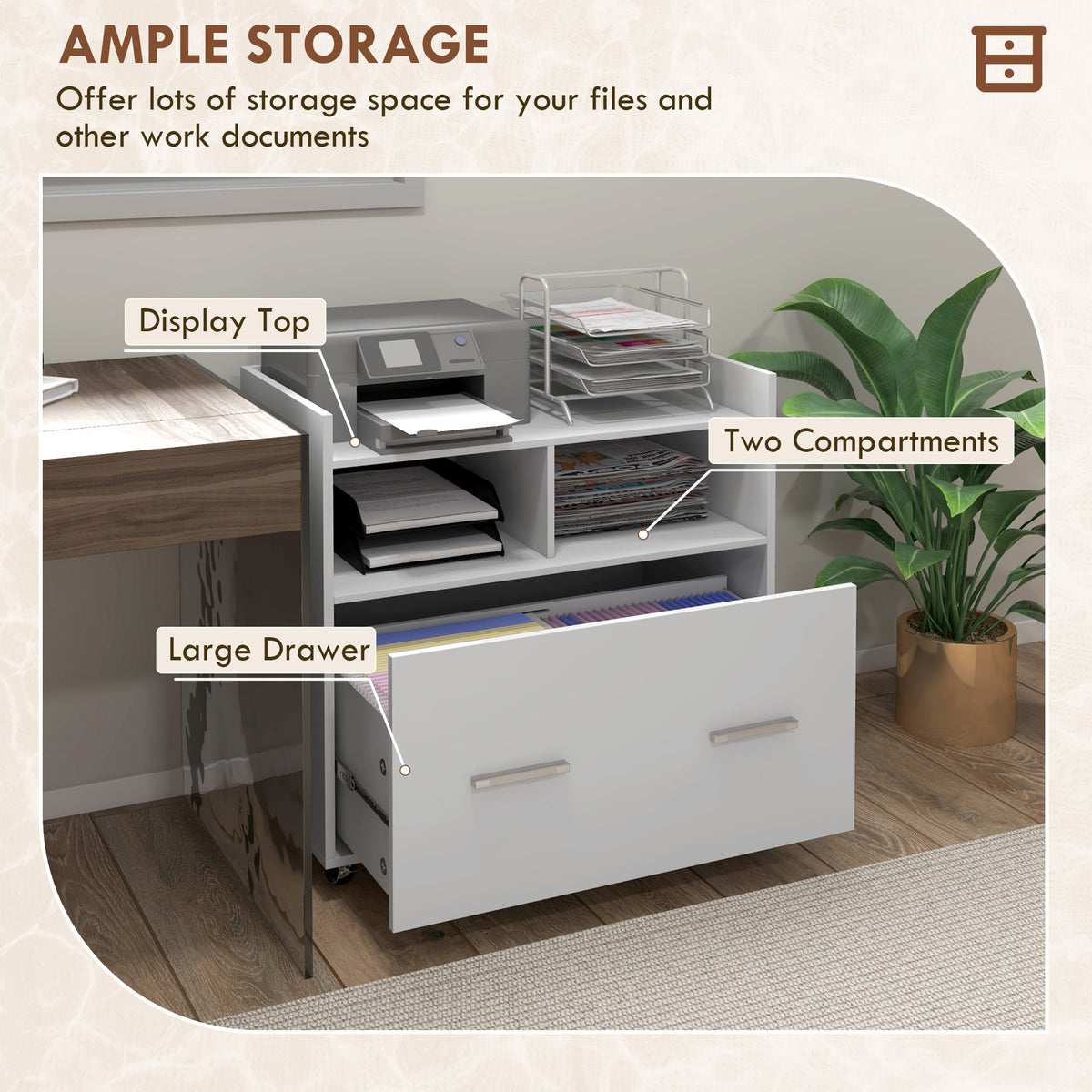 Mobile Rolling File Cabinet with Drawer - White 30"W-Office Products > Office Furniture > Office Cabinets & Cupboards-DECOROLALA