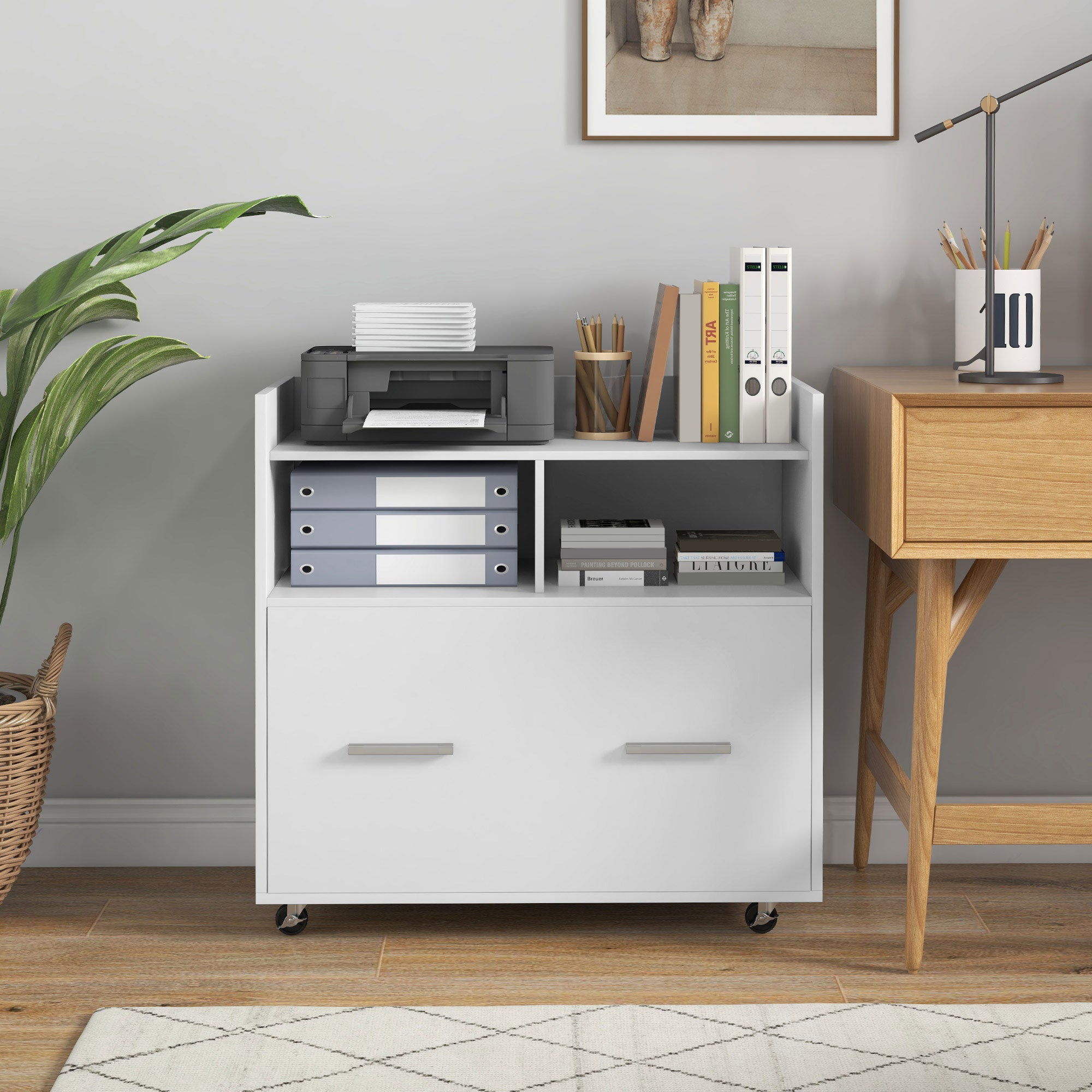 Mobile Rolling File Cabinet with Drawer - White 30"W-Office Products > Office Furniture > Office Cabinets & Cupboards-DECOROLALA