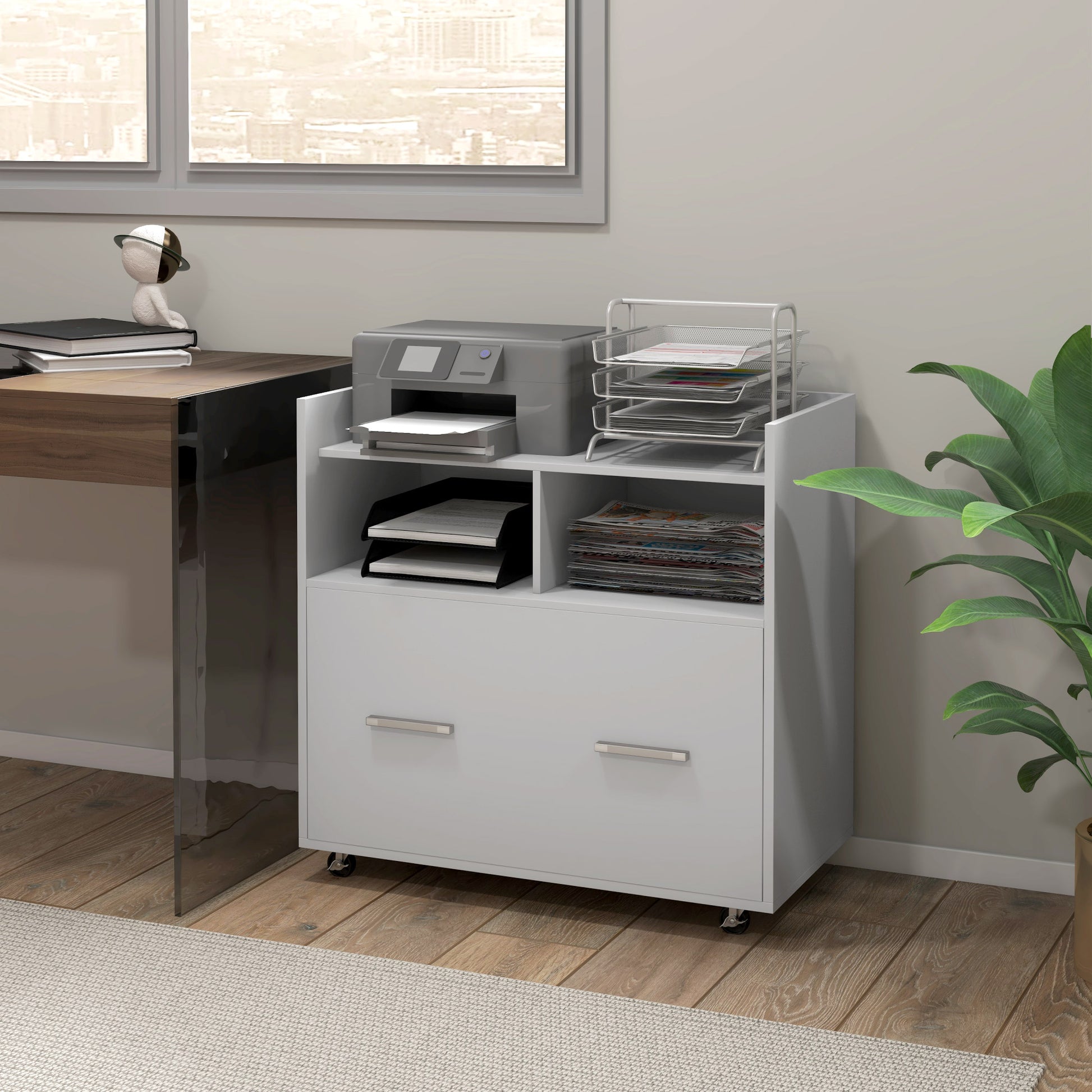Mobile Rolling File Cabinet with Drawer - White 30"W-Office Products > Office Furniture > Office Cabinets & Cupboards-DECOROLALA