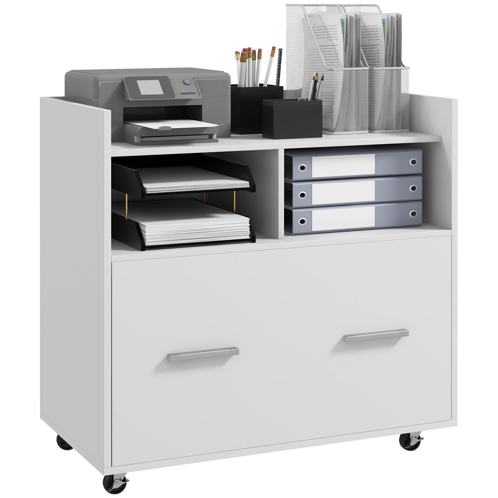 Mobile Rolling File Cabinet with Drawer - White 30"W-Office Products > Office Furniture > Office Cabinets & Cupboards-DECOROLALA