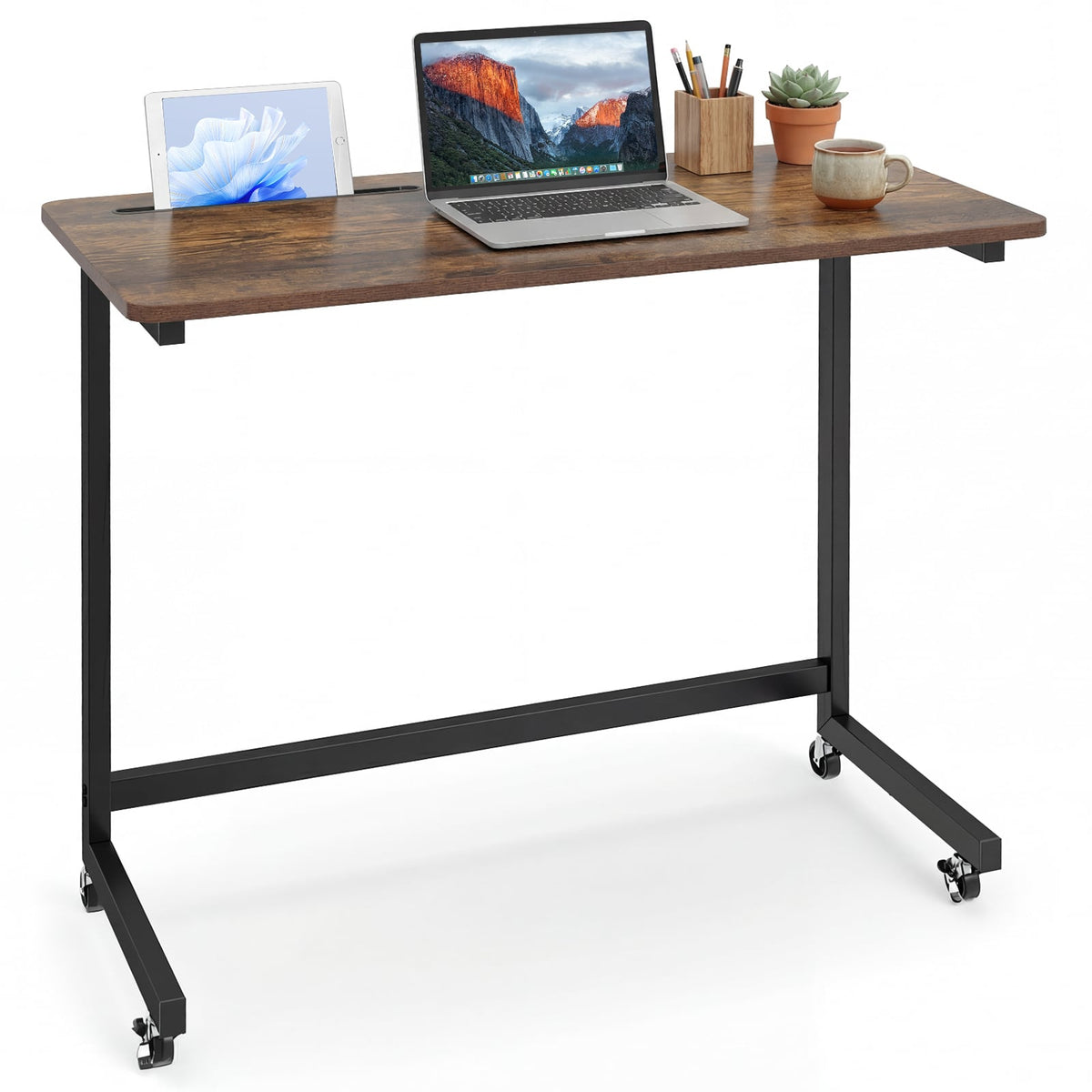 Mobile Side Table Rolling Laptop Desk Cart with Tablet Slot-Rustic Brown-End & Side Tables-DECOROLALA