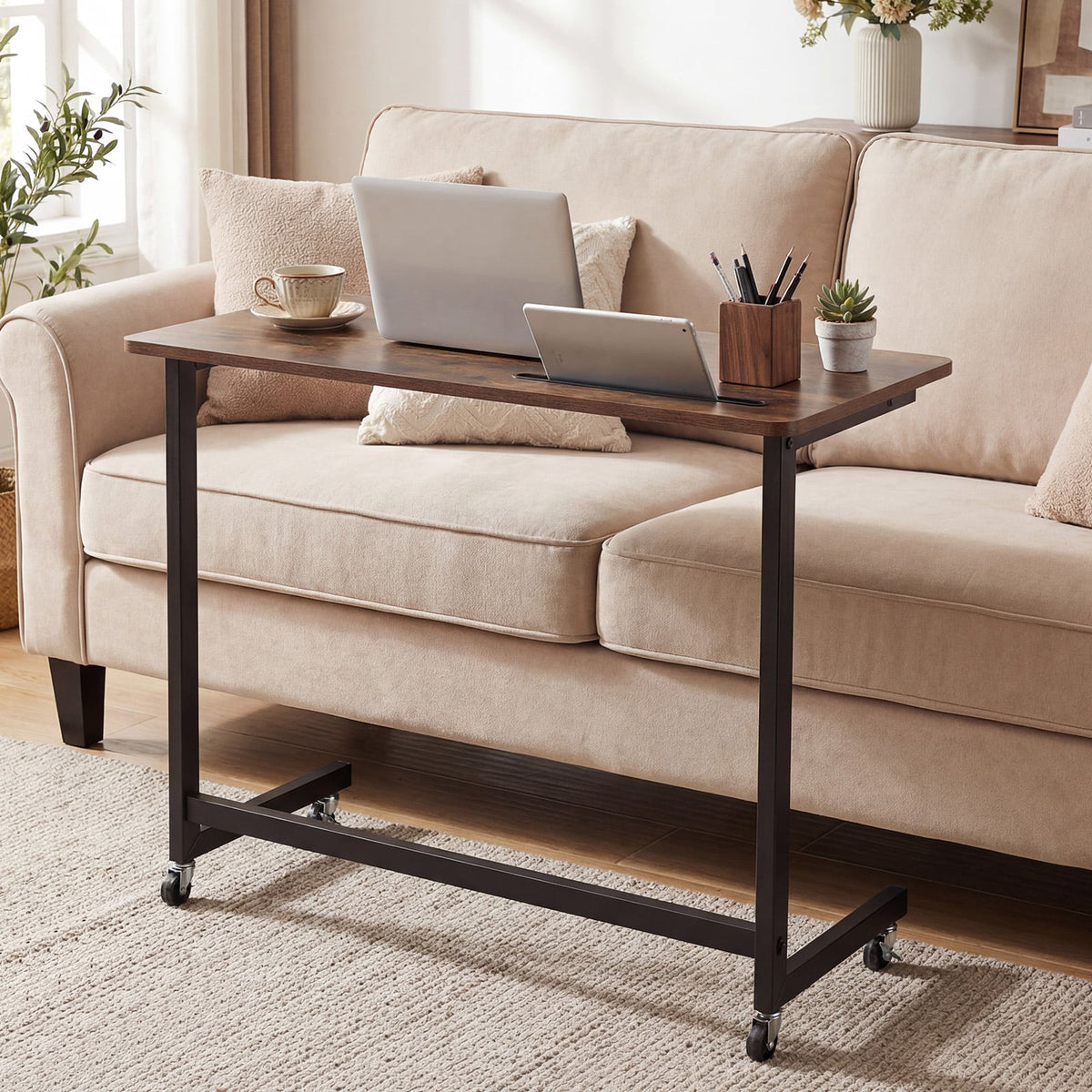 Mobile Side Table Rolling Laptop Desk Cart with Tablet Slot-Rustic Brown-End & Side Tables-DECOROLALA