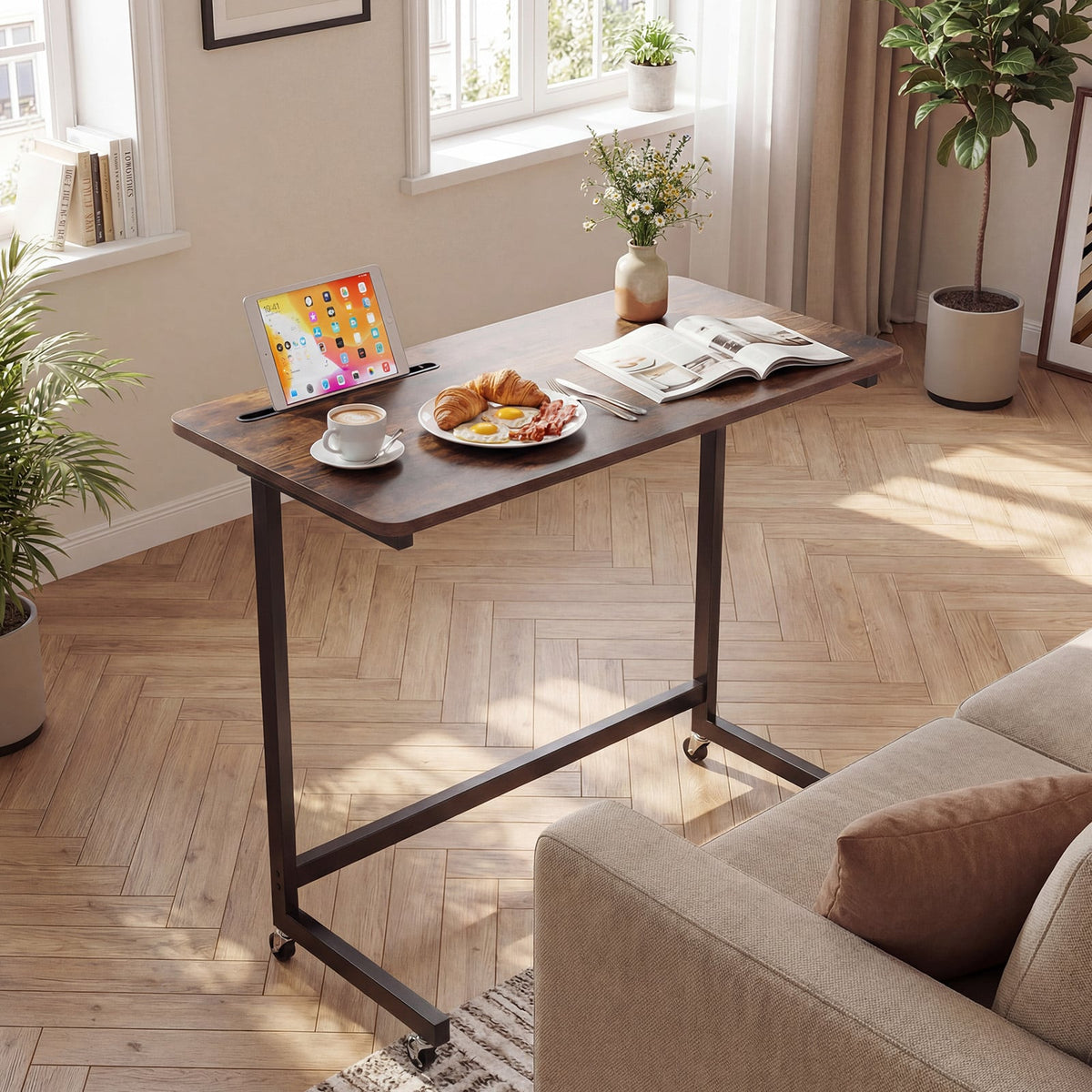 Mobile Side Table Rolling Laptop Desk Cart with Tablet Slot-Rustic Brown-End & Side Tables-DECOROLALA
