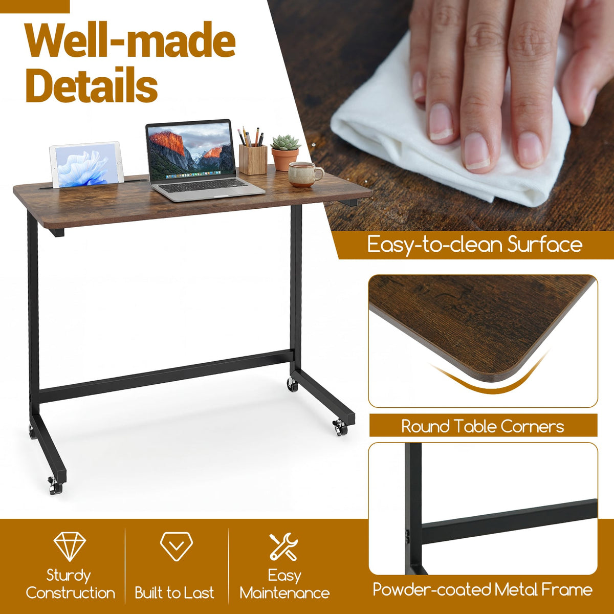 Mobile Side Table Rolling Laptop Desk Cart with Tablet Slot-Rustic Brown-End & Side Tables-DECOROLALA