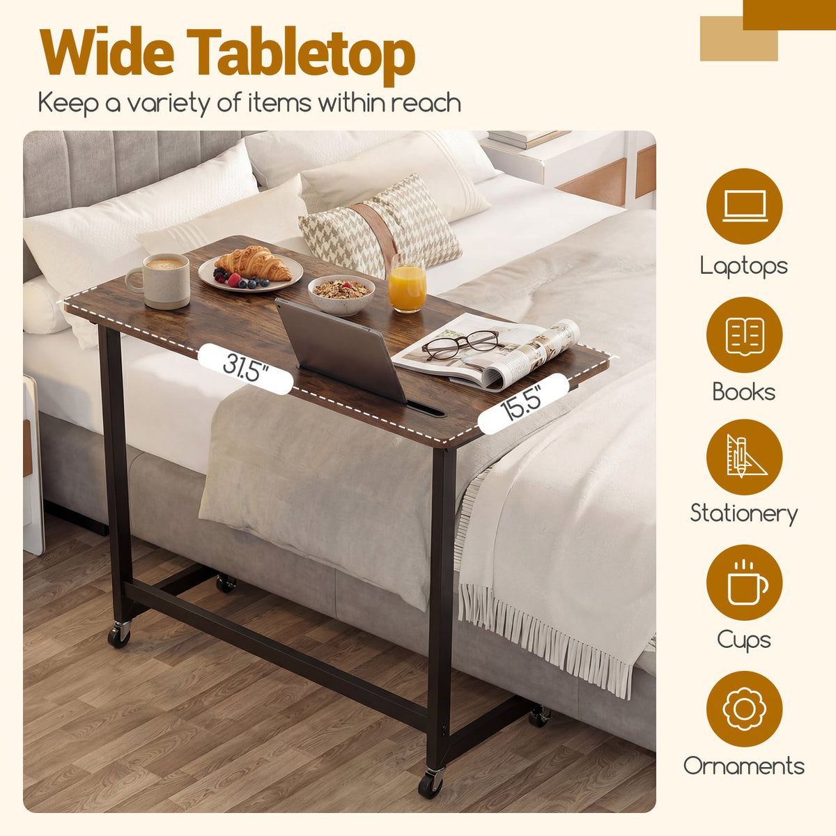 Mobile Side Table Rolling Laptop Desk Cart with Tablet Slot-Rustic Brown-End & Side Tables-DECOROLALA