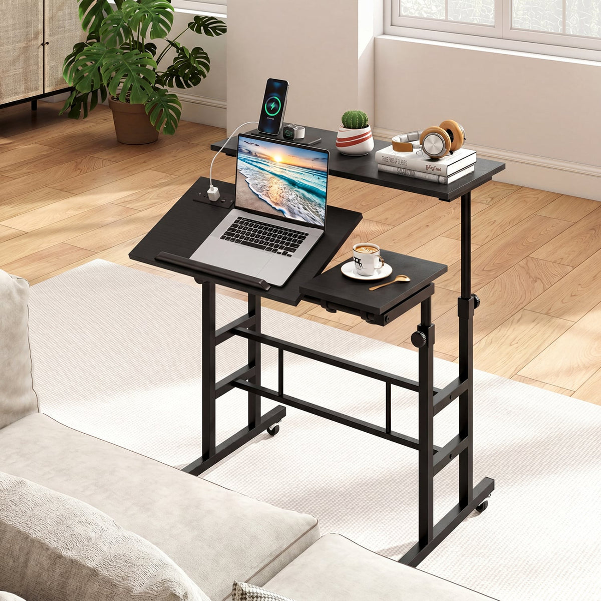 Mobile Stand-up Computer Desk Adjustable with 2 Tilting Desktops-Black-Laptop Tables & Printer Stands-DECOROLALA