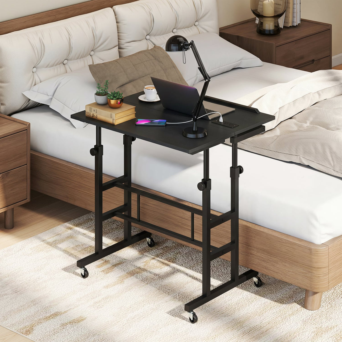 Mobile Stand-up Computer Desk Adjustable with 2 Tilting Desktops-Black-Laptop Tables & Printer Stands-DECOROLALA