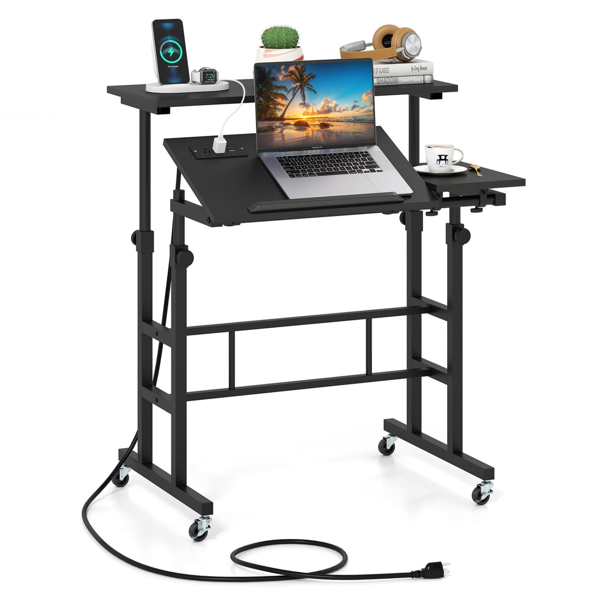 Mobile Stand-up Computer Desk Adjustable with 2 Tilting Desktops-Black-Laptop Tables & Printer Stands-DECOROLALA
