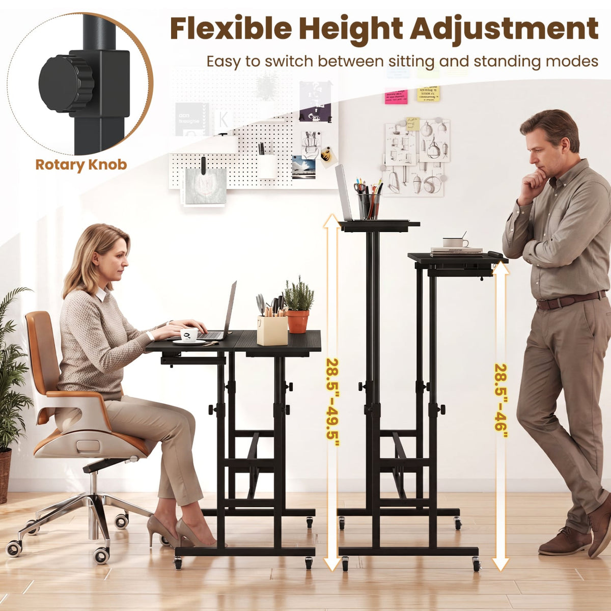 Mobile Stand-up Computer Desk Adjustable with 2 Tilting Desktops-Black-Laptop Tables & Printer Stands-DECOROLALA