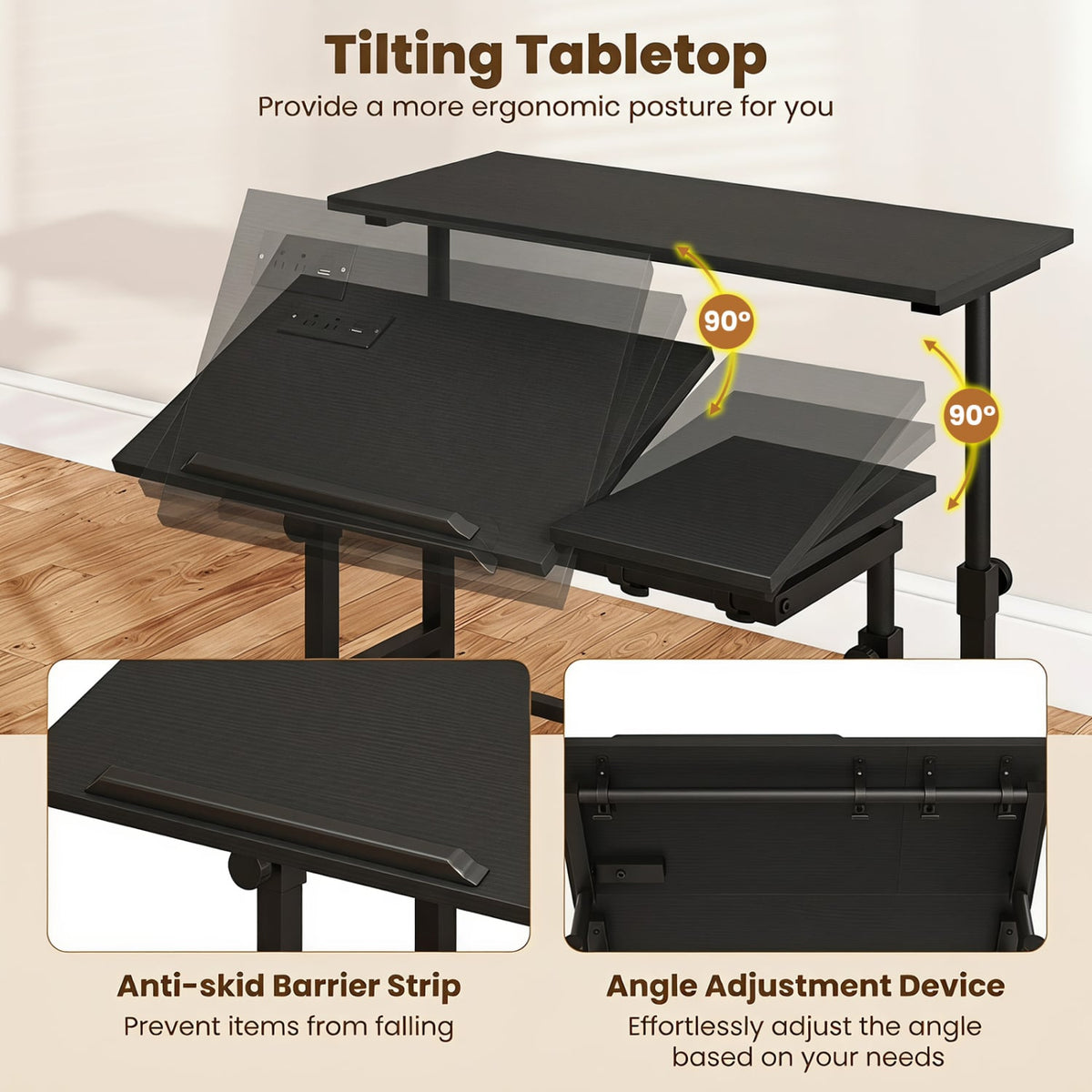 Mobile Stand-up Computer Desk Adjustable with 2 Tilting Desktops-Black-Laptop Tables & Printer Stands-DECOROLALA