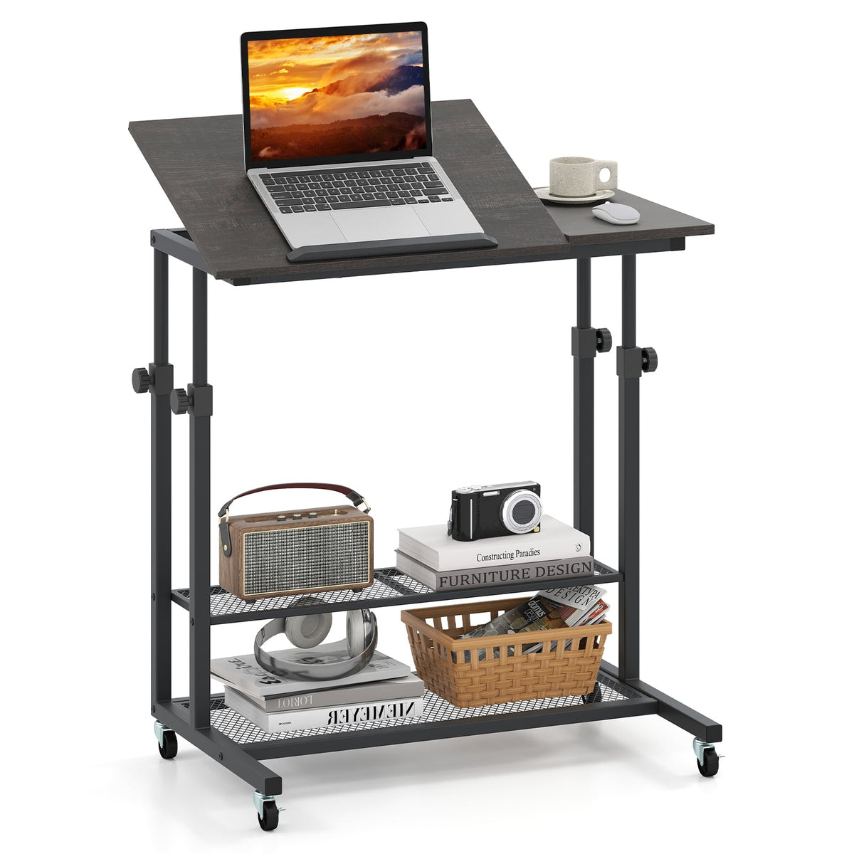 Mobile Stand up Desk Height Adjustable Standing Table with Tilting Tabletop-Oak-Standing Desks-DECOROLALA