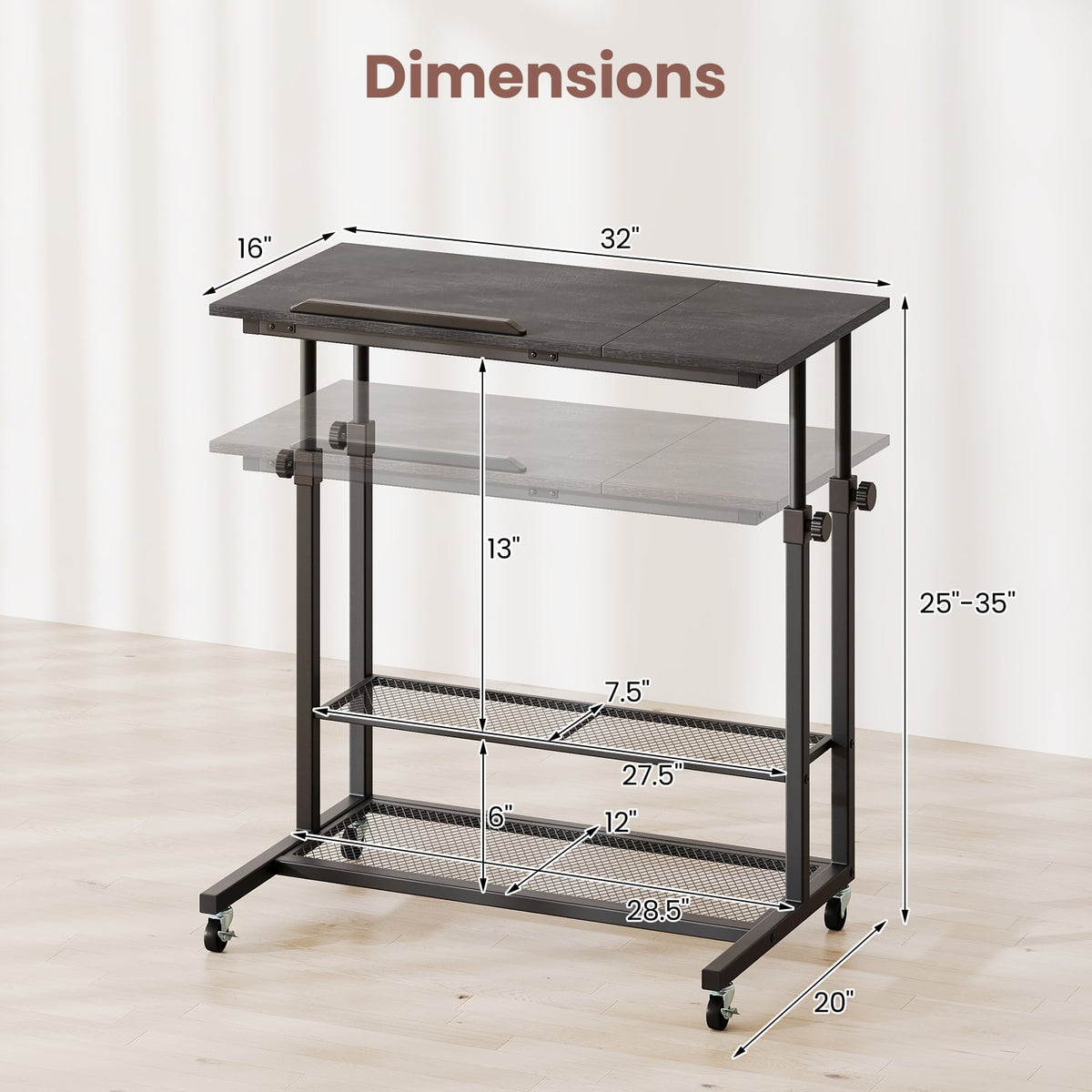 Mobile Stand up Desk Height Adjustable Standing Table with Tilting Tabletop-Oak-Standing Desks-DECOROLALA