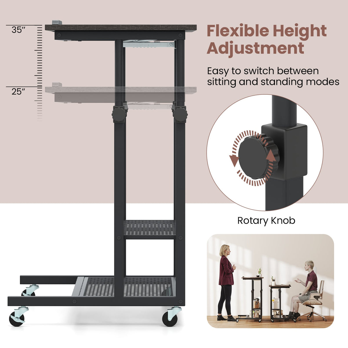 Mobile Stand up Desk Height Adjustable Standing Table with Tilting Tabletop-Oak-Standing Desks-DECOROLALA