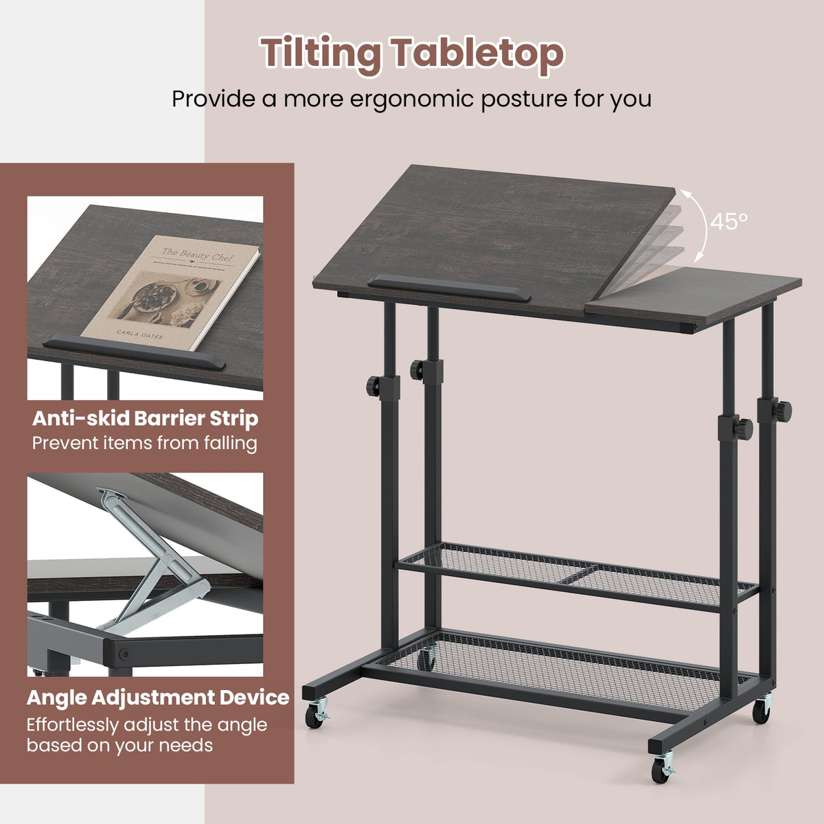Mobile Stand up Desk Height Adjustable Standing Table with Tilting Tabletop-Oak-Standing Desks-DECOROLALA