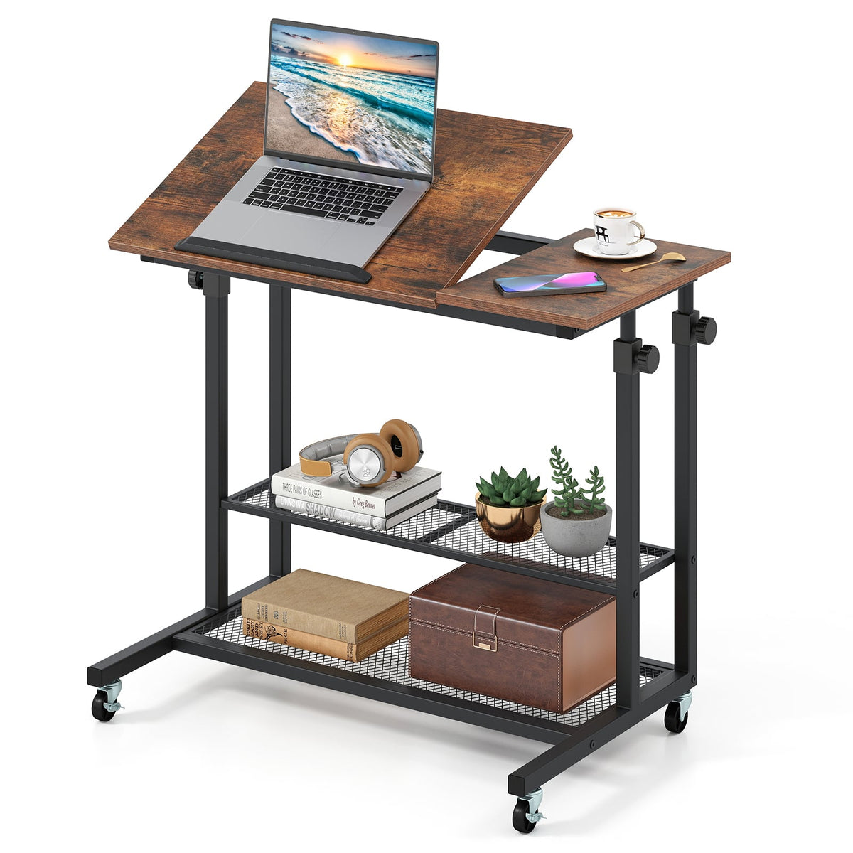 Mobile Stand up Desk Height Adjustable Standing Table with Tilting Tabletop-Rustic Brown-Standing Desks-DECOROLALA